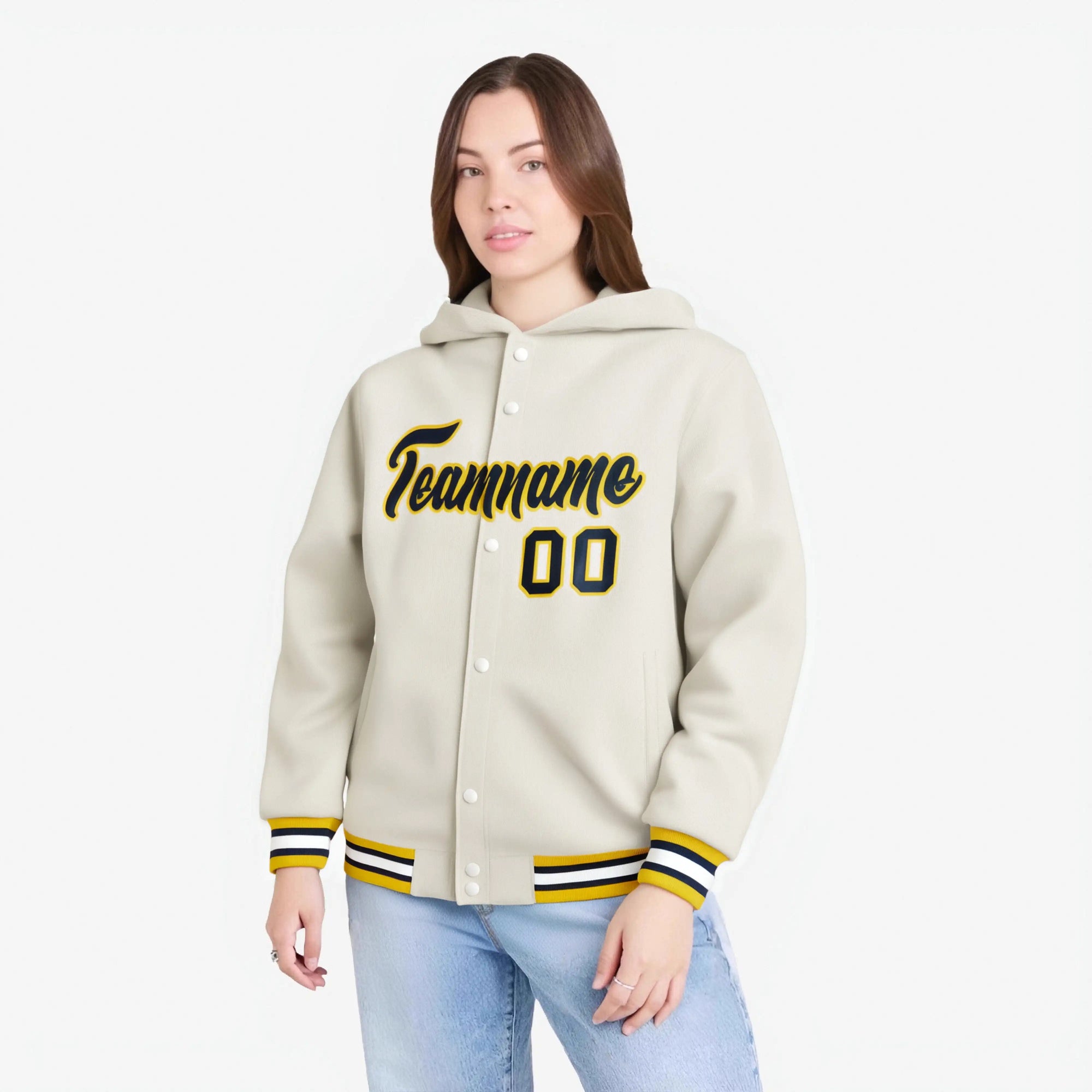 Custom Cream Navy-Gold Varsity Full-Snap Letterman Classic Hoodie Jacket