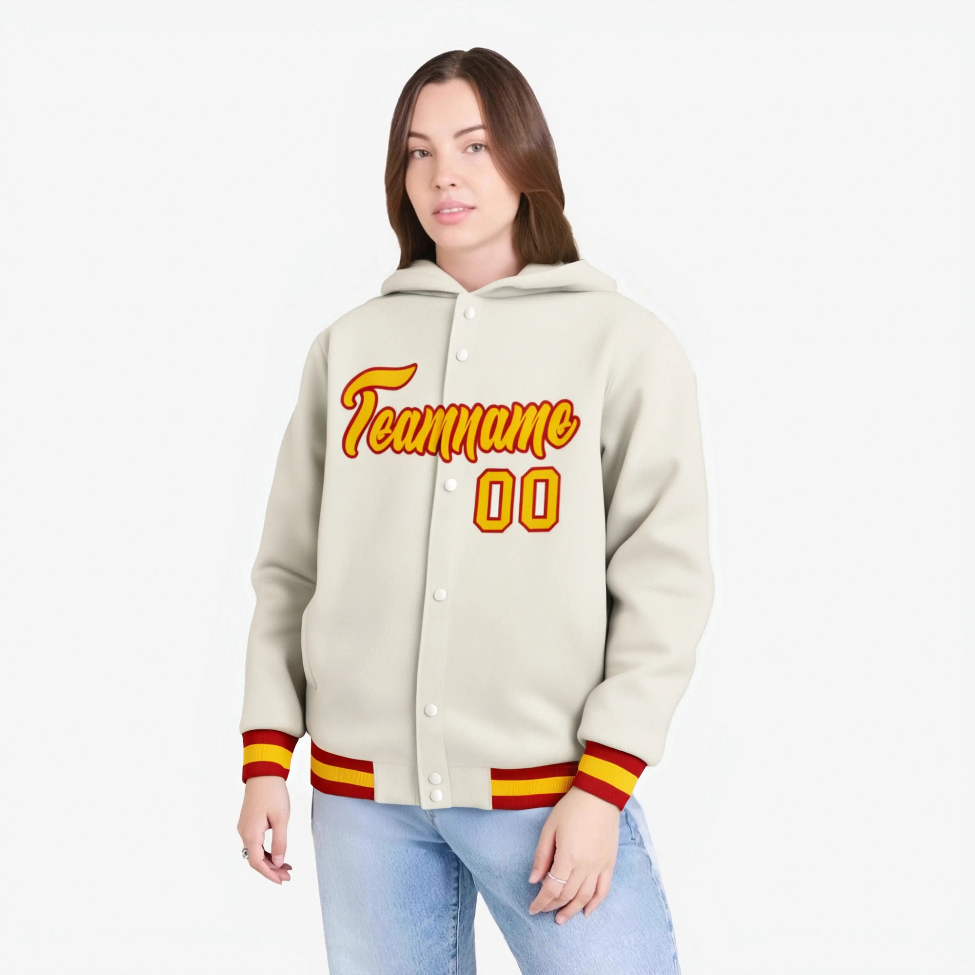 Custom Cream Gold-Red Varsity Full-Snap Letterman Classic Hoodie Jacket