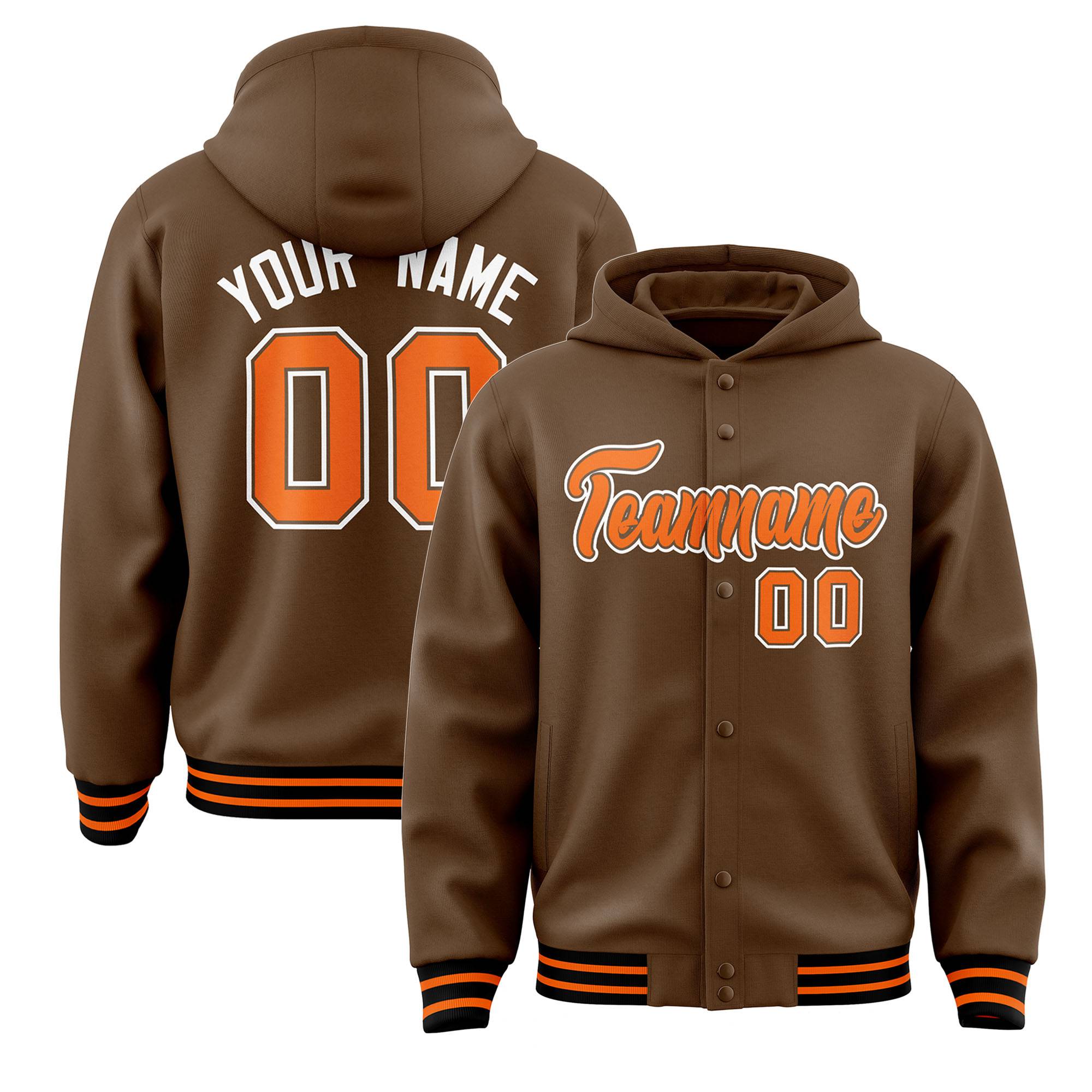 Custom Brown Orange-White Varsity Full-Snap Letterman Classic Hoodie Jacket