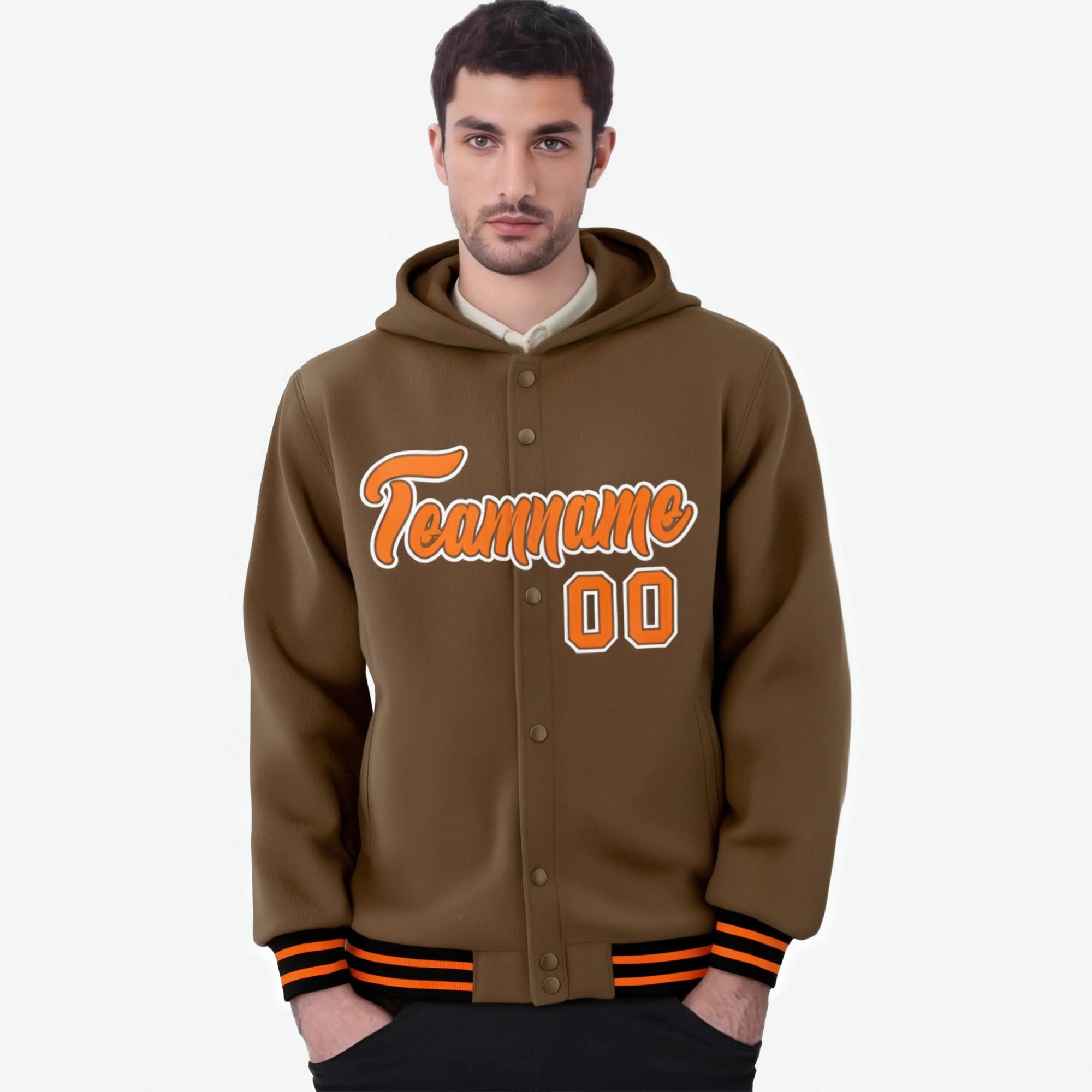 Custom Brown Orange-White Varsity Full-Snap Letterman Classic Hoodie Jacket