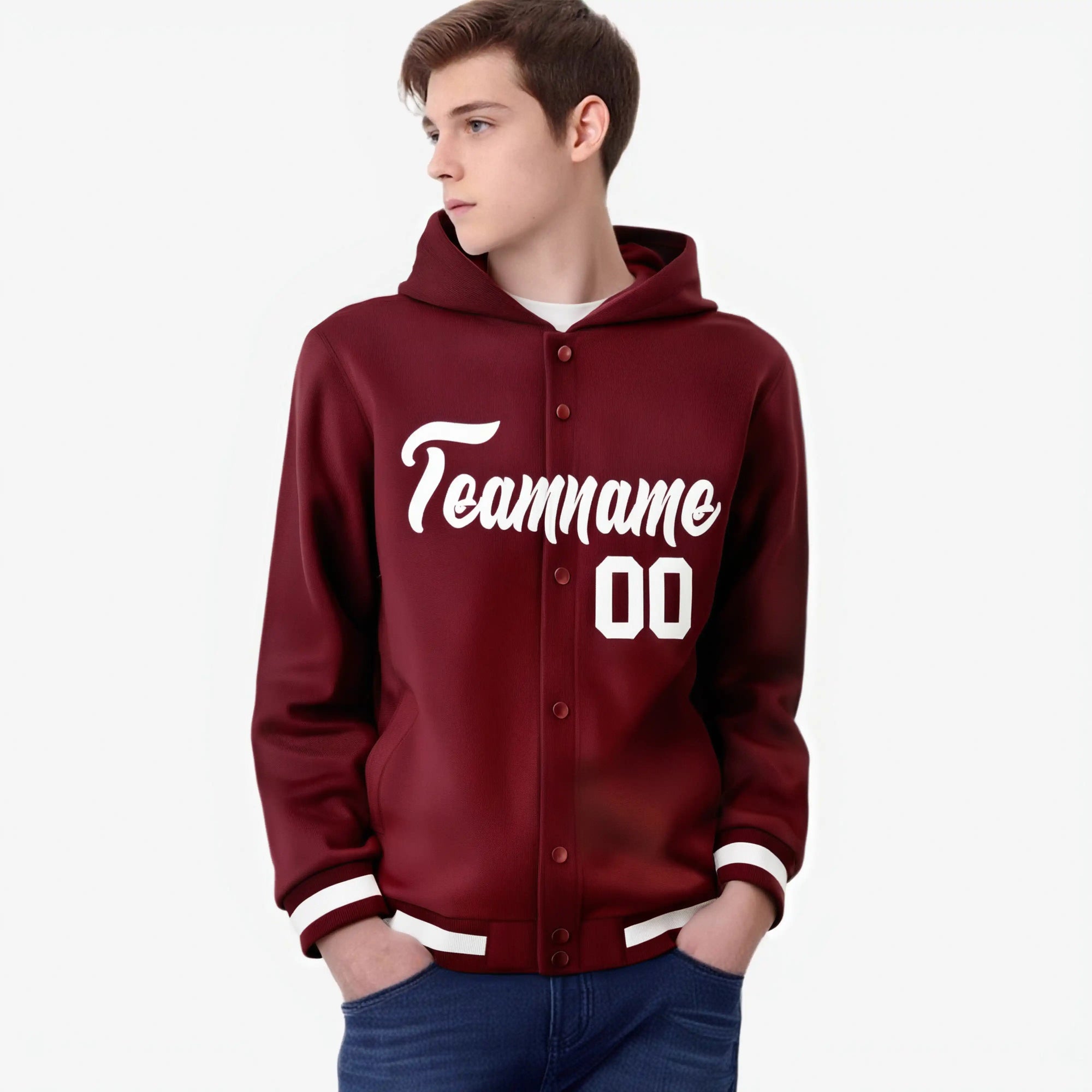 Custom Crimson White Varsity Full-Snap Letterman Classic Hoodie Jacket