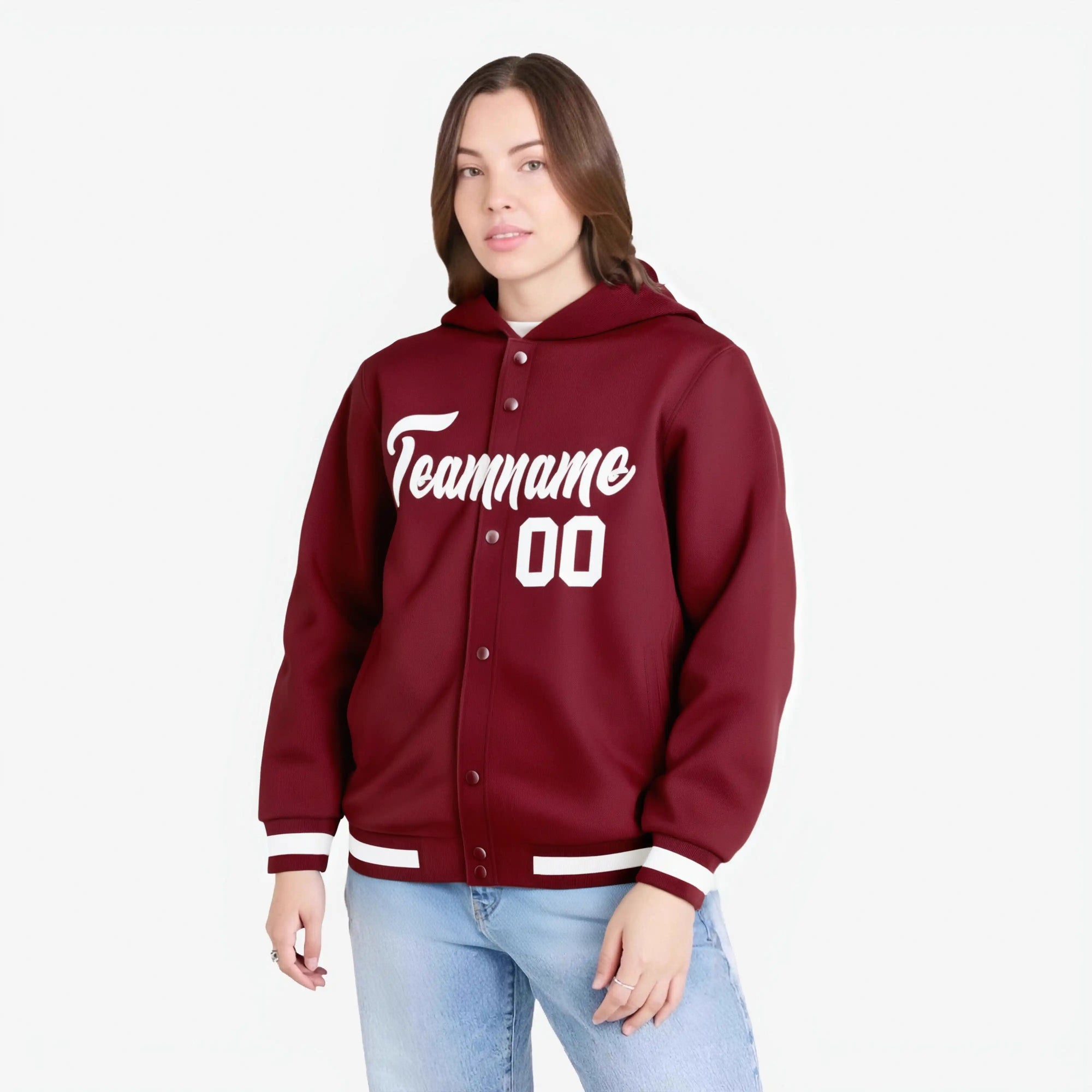 Custom Crimson White Varsity Full-Snap Letterman Classic Hoodie Jacket