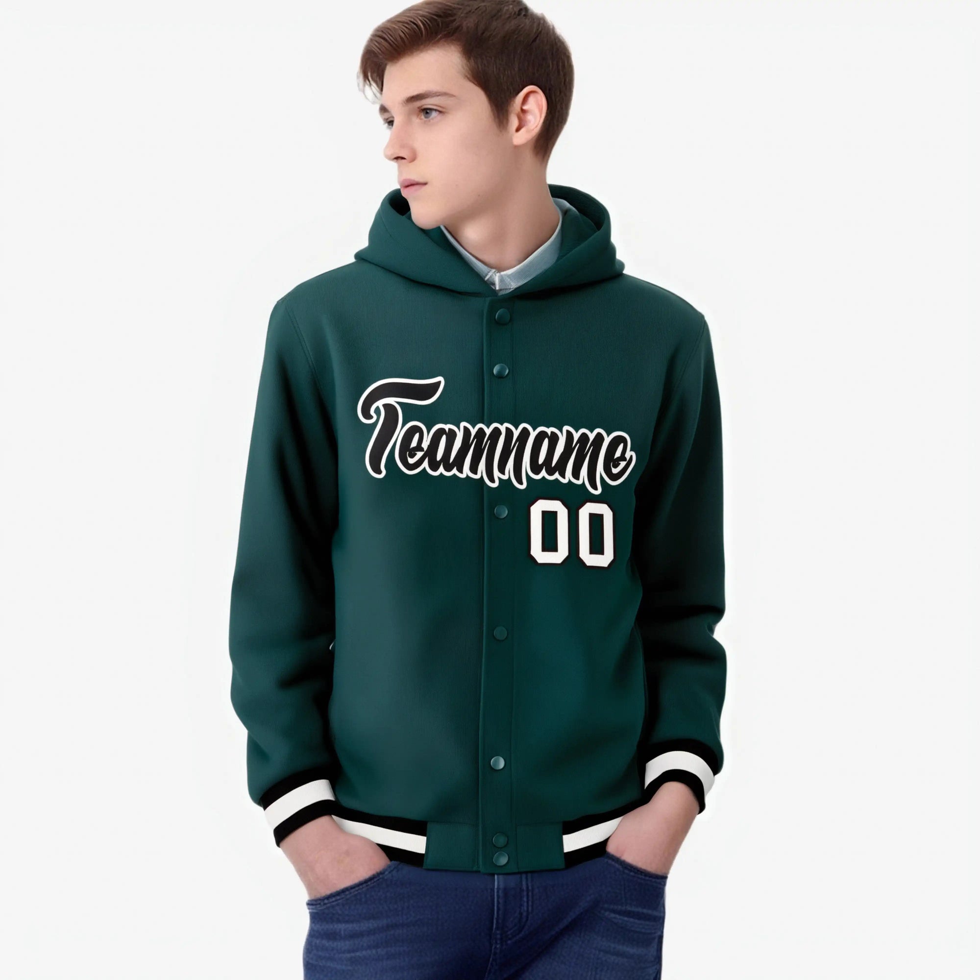 Custom Green Black-White Varsity Full-Snap Letterman Classic Hoodie Jacket