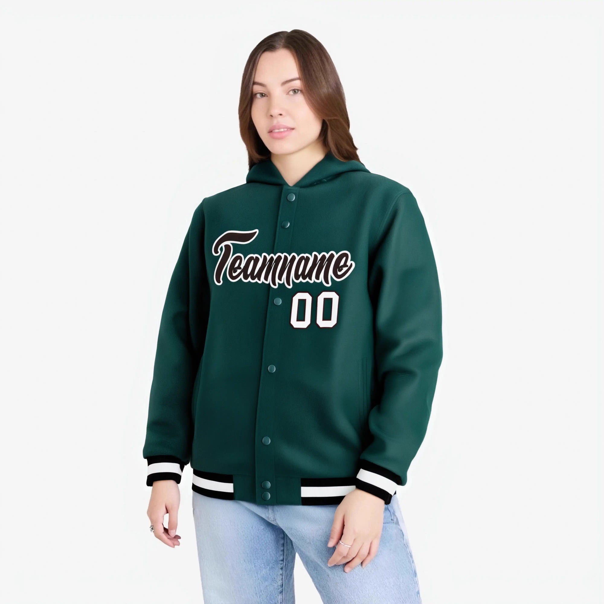 Custom Green Black-White Varsity Full-Snap Letterman Classic Hoodie Jacket