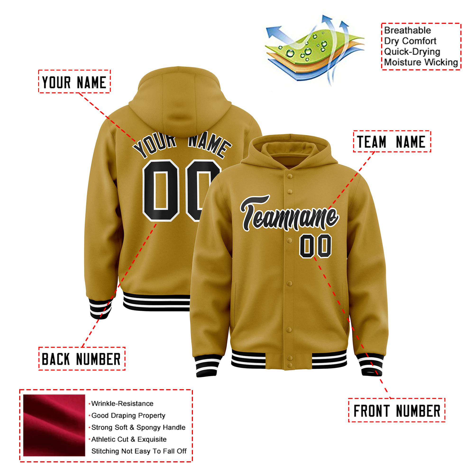 Custom Old Gold Black-White Varsity Full-Snap Letterman Classic Hoodie Jacket