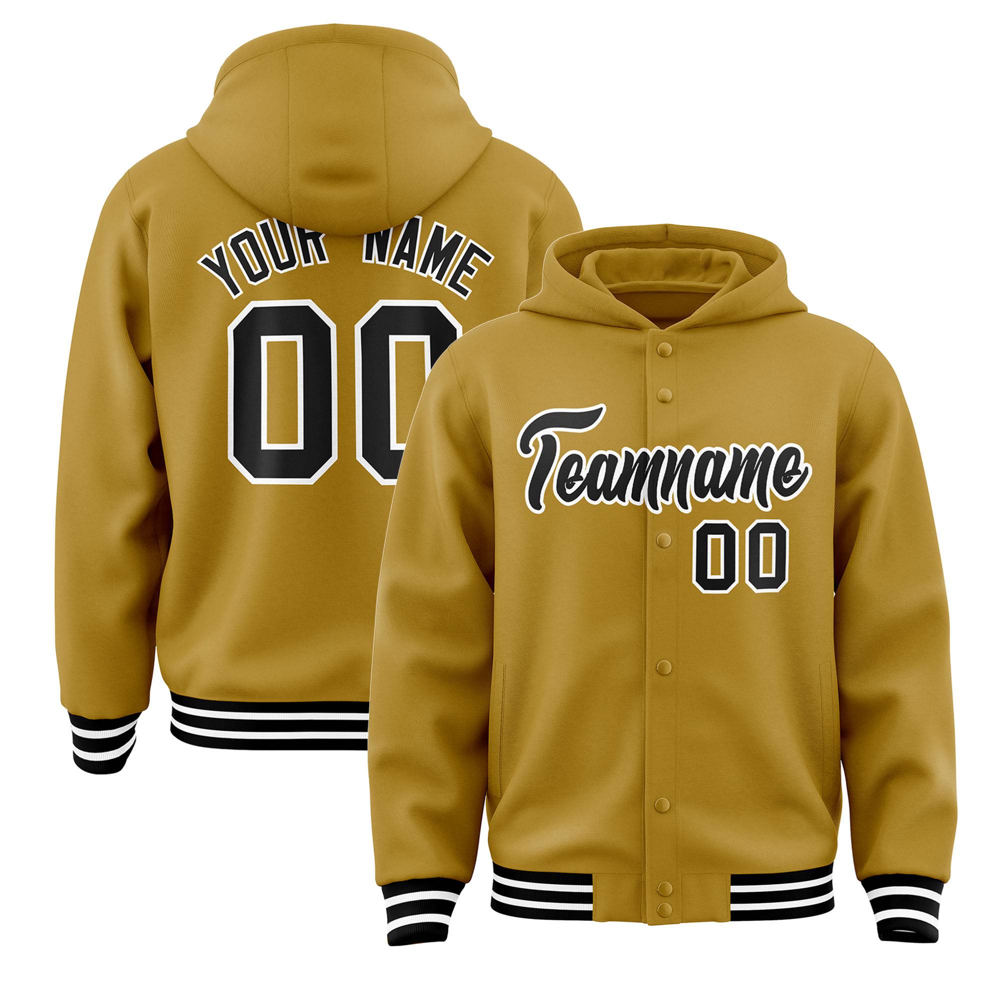 Custom Old Gold Black-White Varsity Full-Snap Letterman Classic Hoodie Jacket