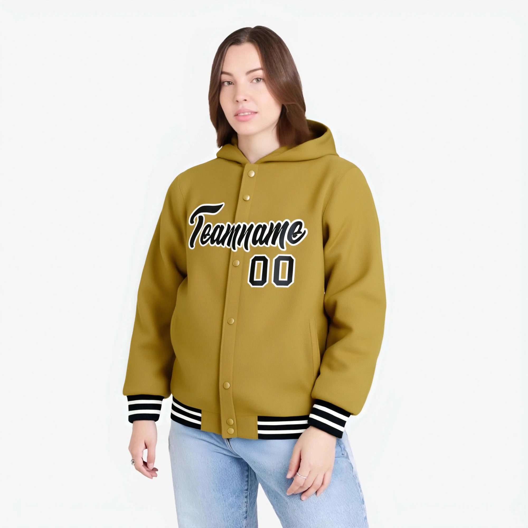 Custom Old Gold Black-White Varsity Full-Snap Letterman Classic Hoodie Jacket