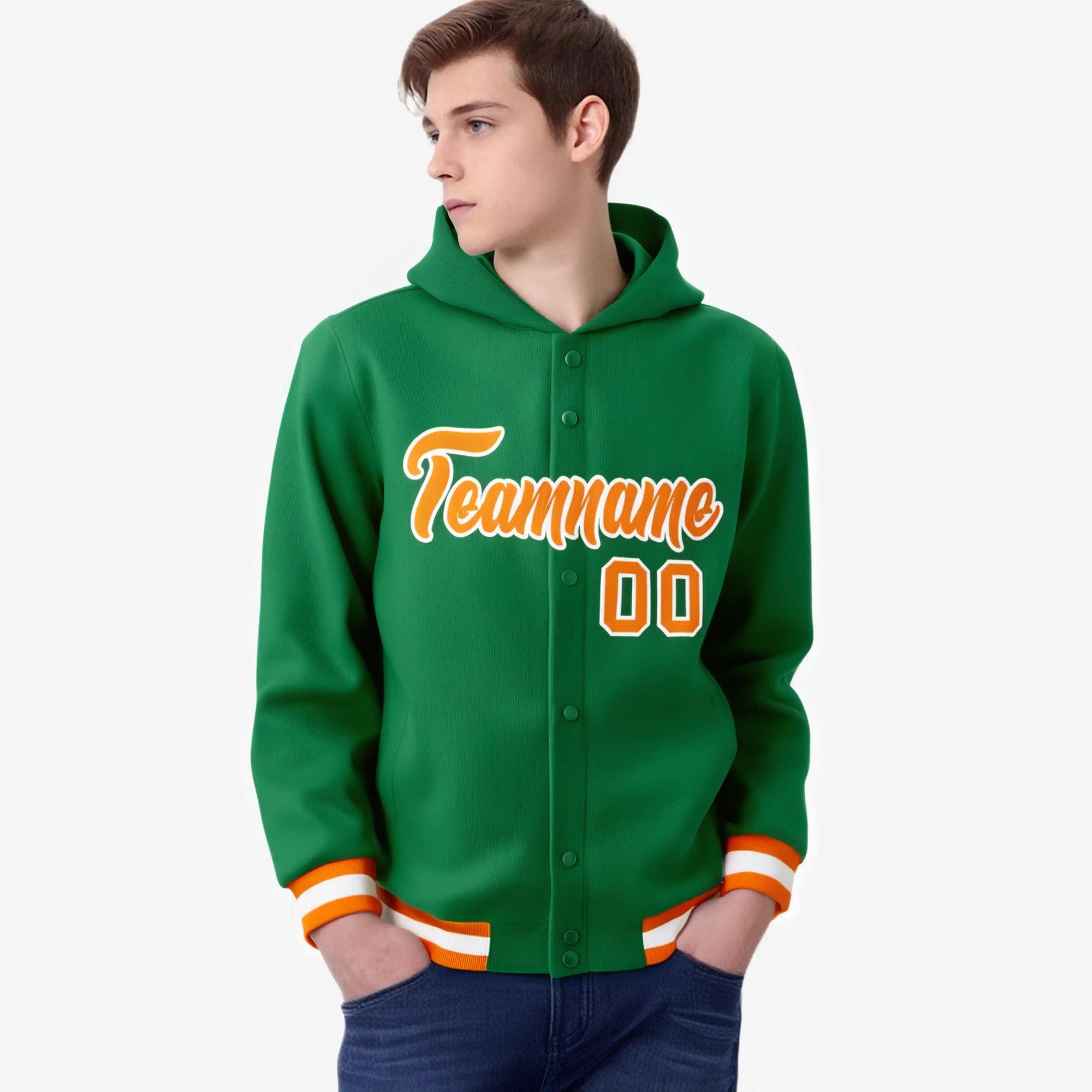 Custom Kelly Green Orange-White Varsity Full-Snap Letterman Classic Hoodie Jacket