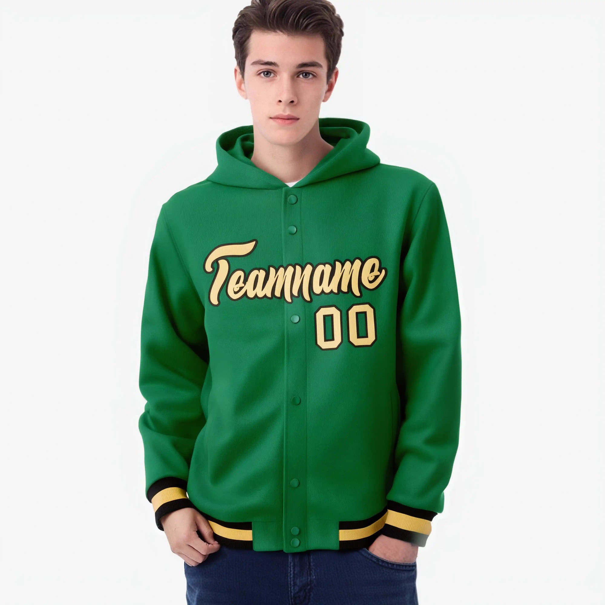 Custom Kelly Green Old Gold-Black Varsity Full-Snap Letterman Classic Hoodie Jacket