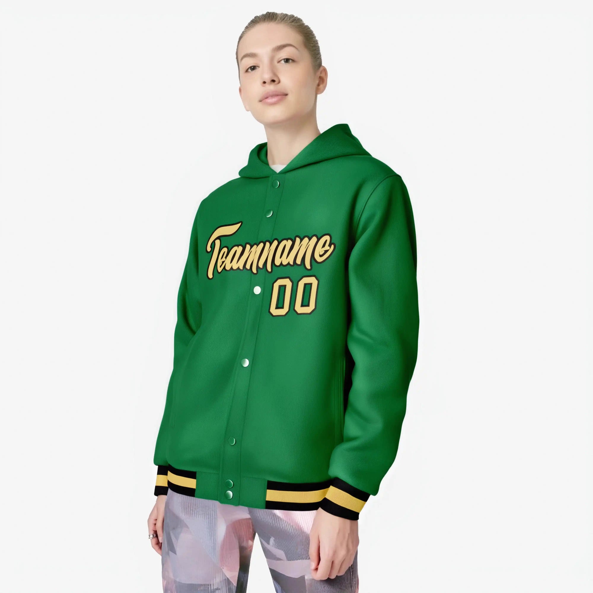 Custom Kelly Green Old Gold-Black Varsity Full-Snap Letterman Classic Hoodie Jacket