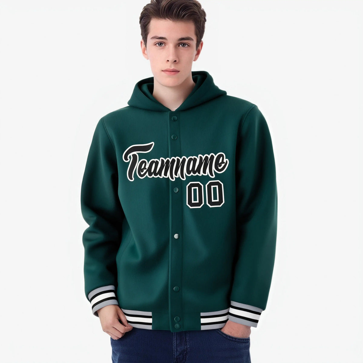 Custom Green Black-White Varsity Full-Snap Letterman Classic Hoodie Jacket