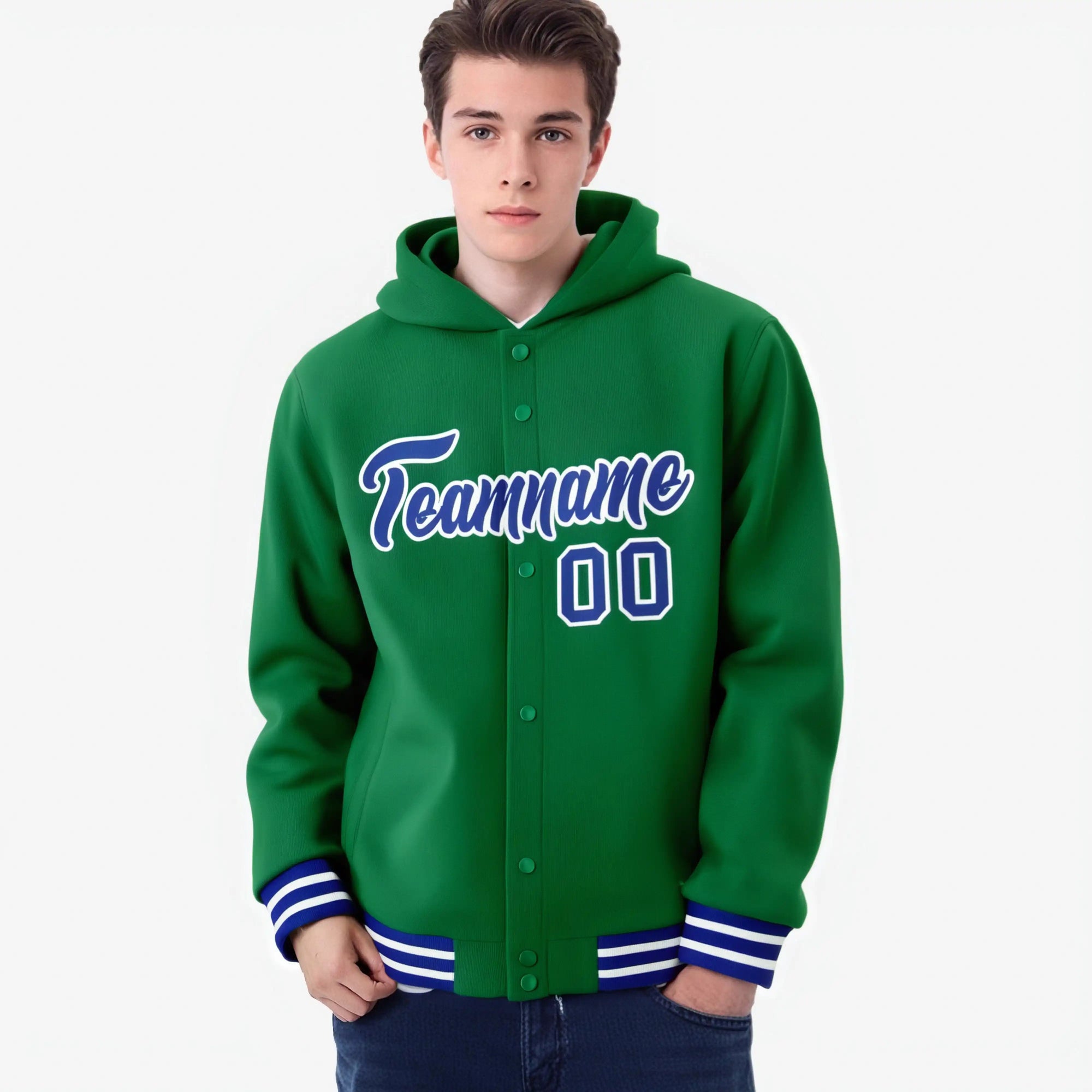 Custom Kelly Green Royal Blue-White Varsity Full-Snap Letterman Classic Hoodie Jacket