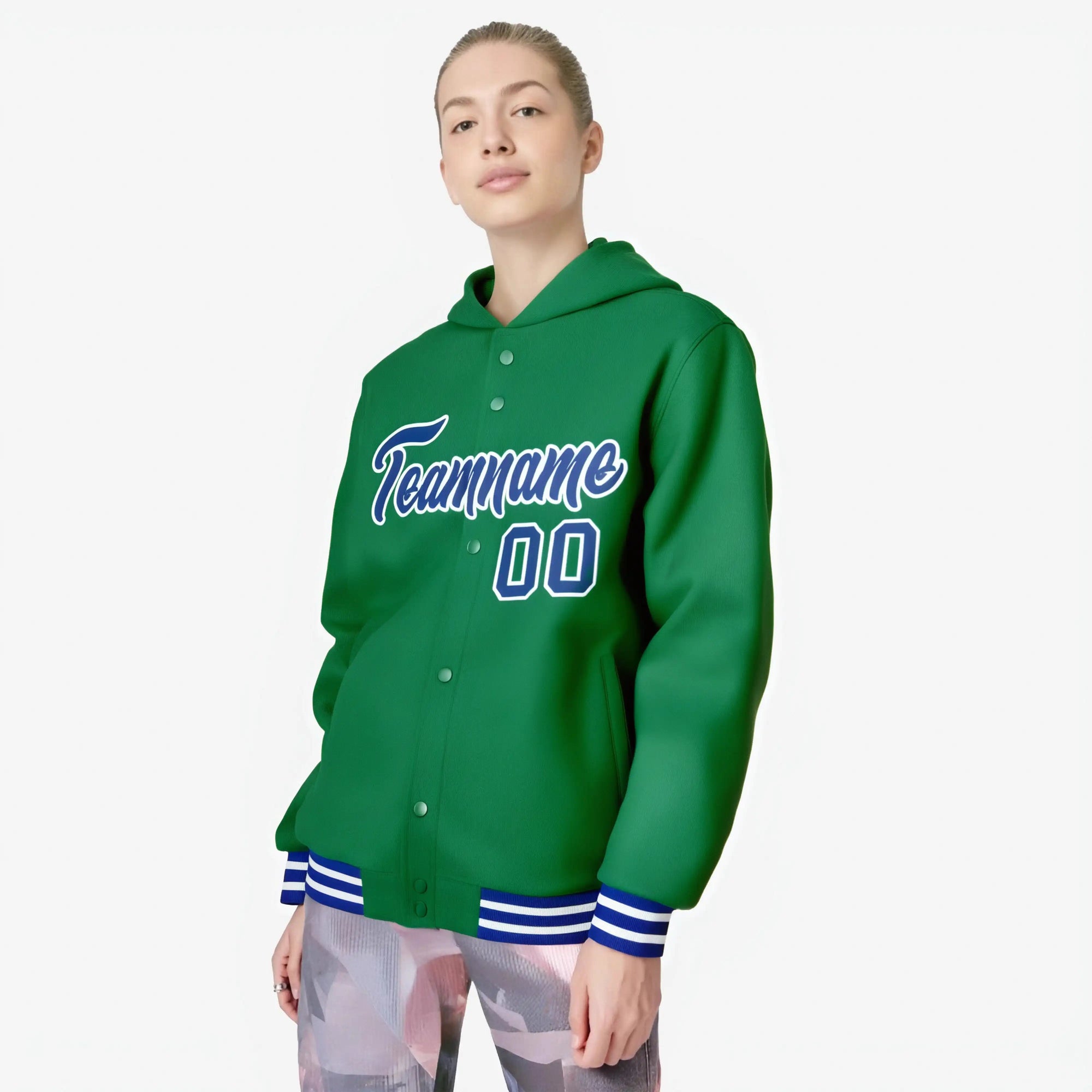 Custom Kelly Green Royal Blue-White Varsity Full-Snap Letterman Classic Hoodie Jacket