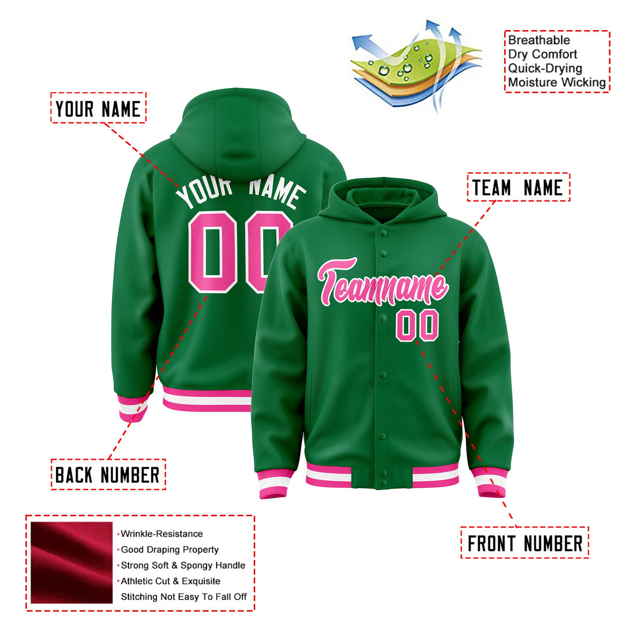 Custom Kelly Green Pink-White Varsity Full-Snap Letterman Classic Hoodie Jacket