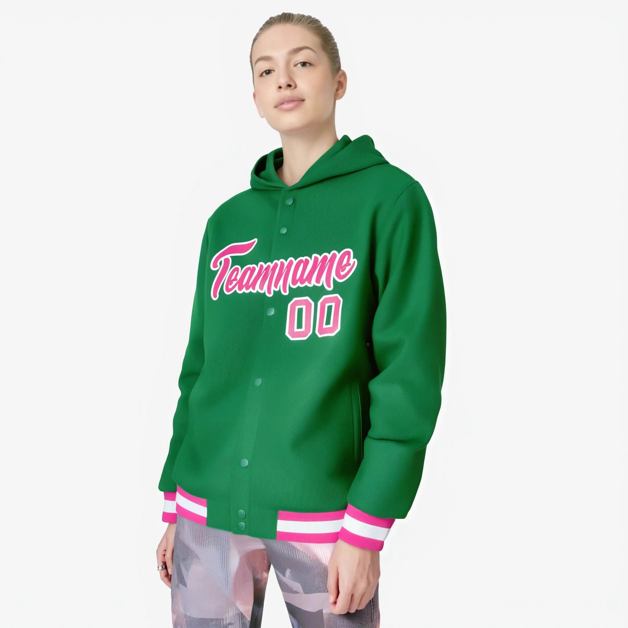 Custom Kelly Green Pink-White Varsity Full-Snap Letterman Classic Hoodie Jacket