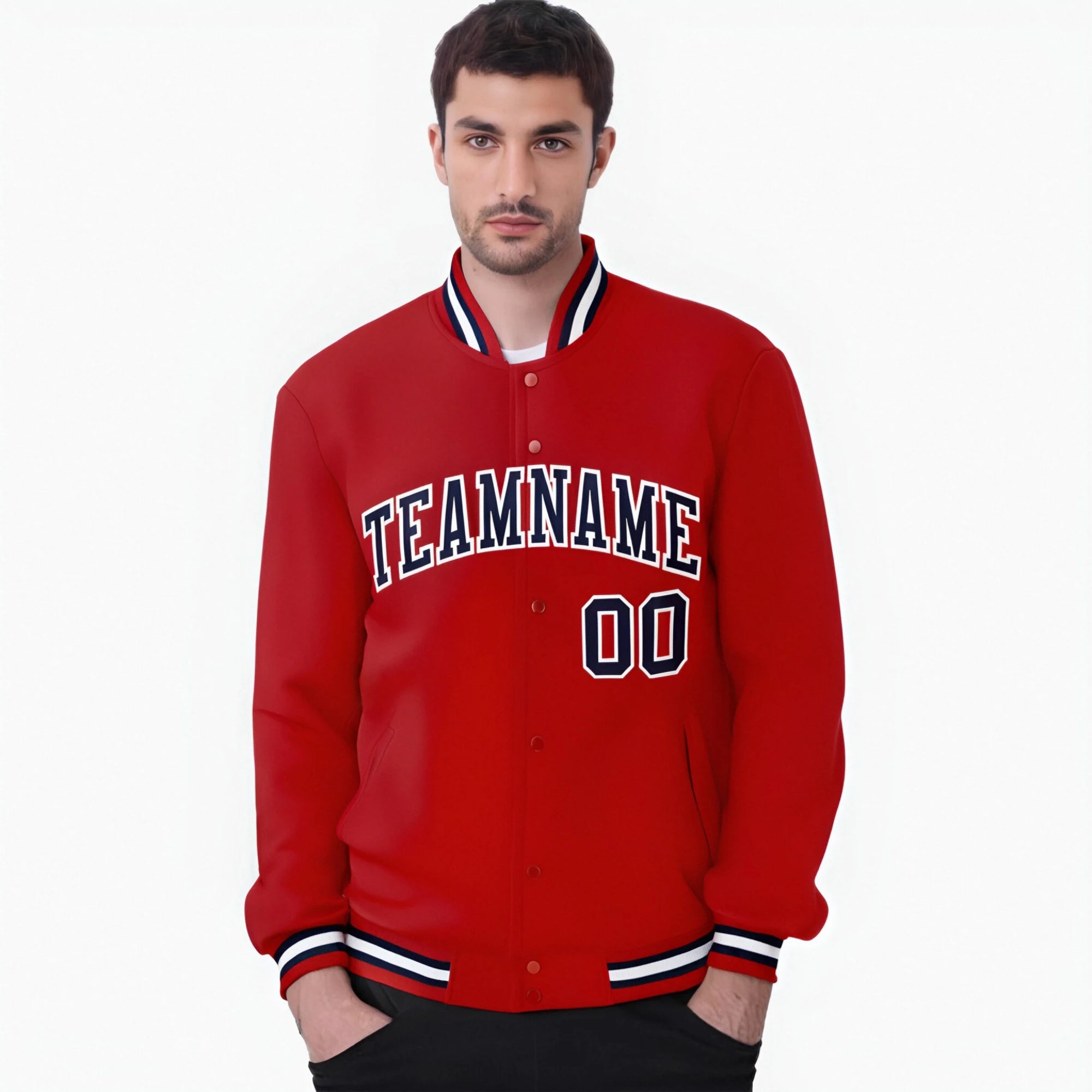 Custom Royal Red Navy White Bomber Full-Snap Varsity Letterman Jacket