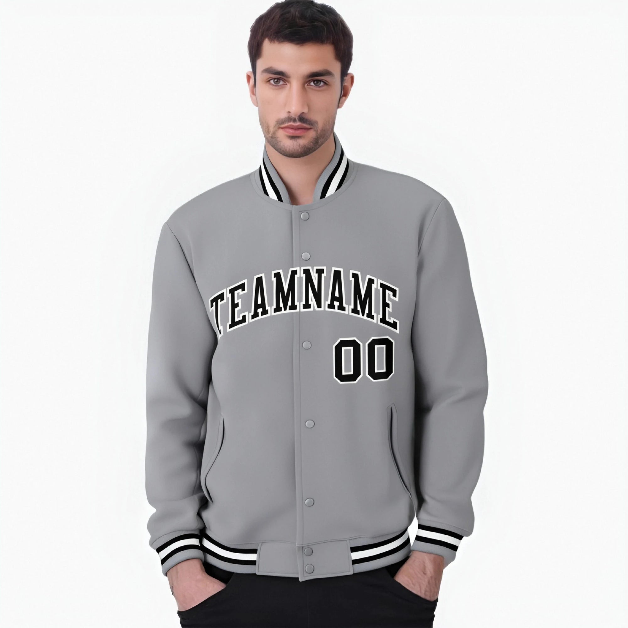 Custom Gray Black White Bomber Full-Snap Varsity Letterman Jacket