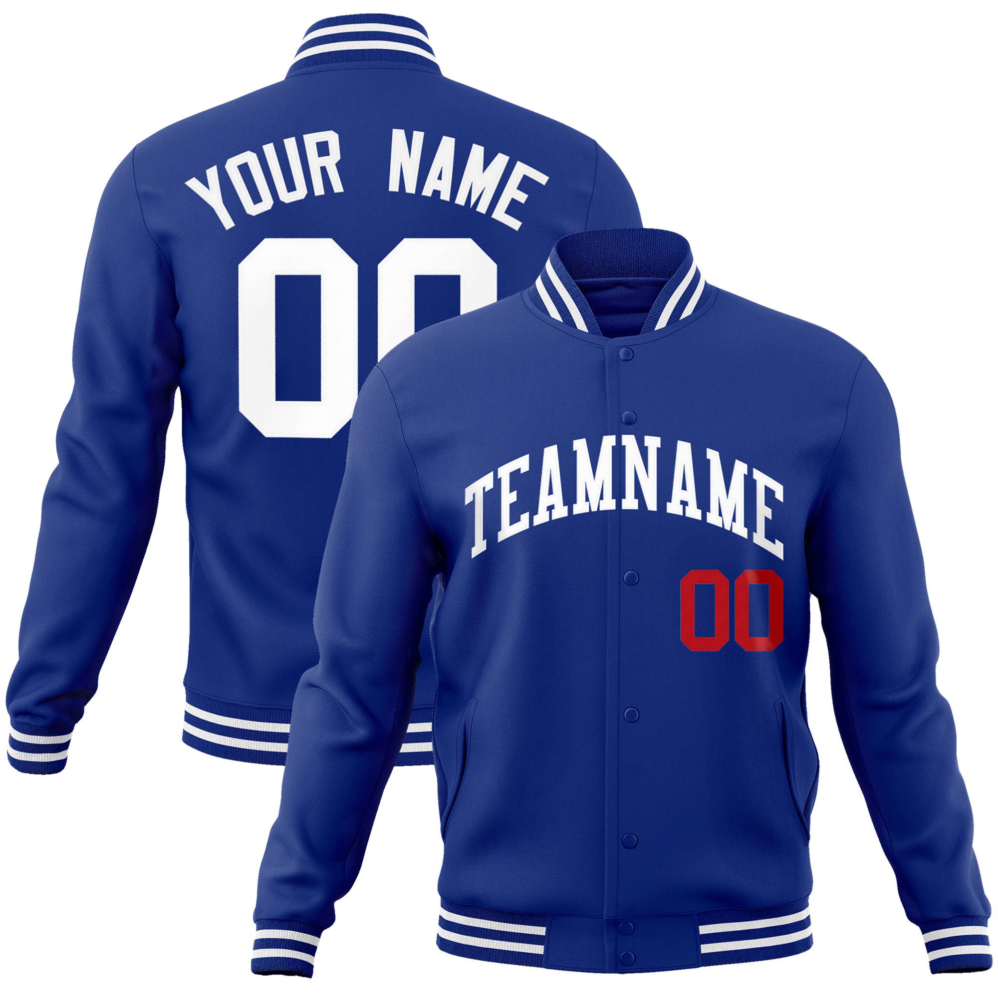 Custom Navy Blue White Red Bomber Full-Snap Varsity Letterman Jacket