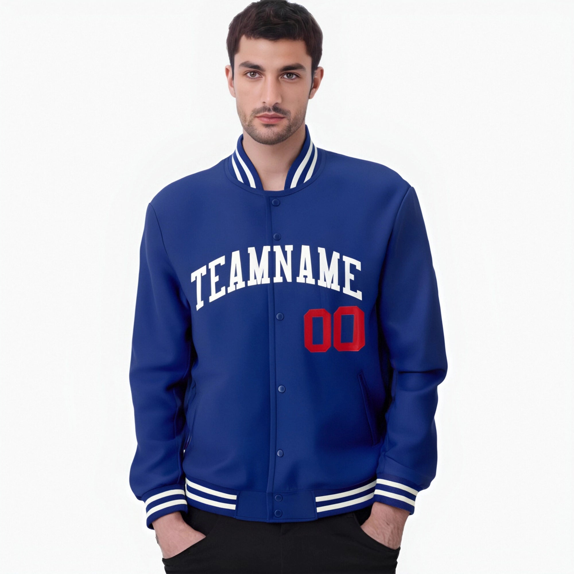 Custom Navy Blue White Red Bomber Full-Snap Varsity Letterman Jacket