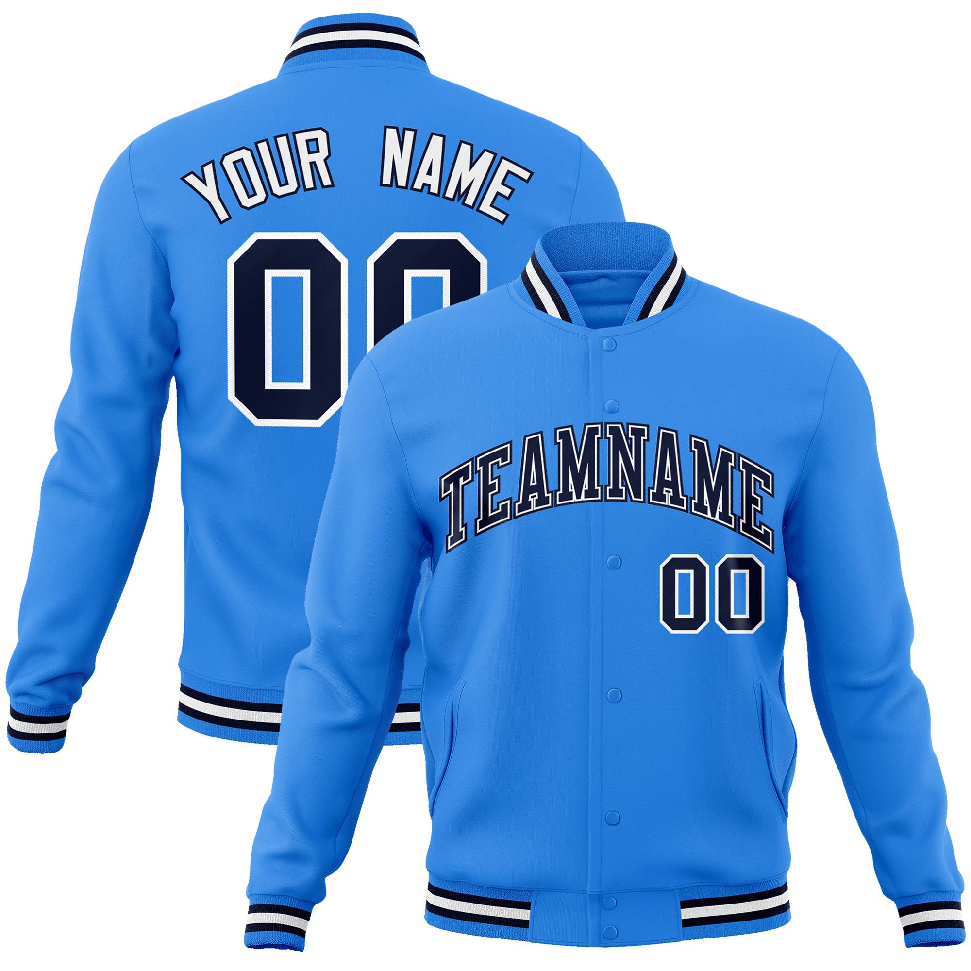 Custom Electric Blue Black White Bomber Full-Snap Varsity Letterman Jacket