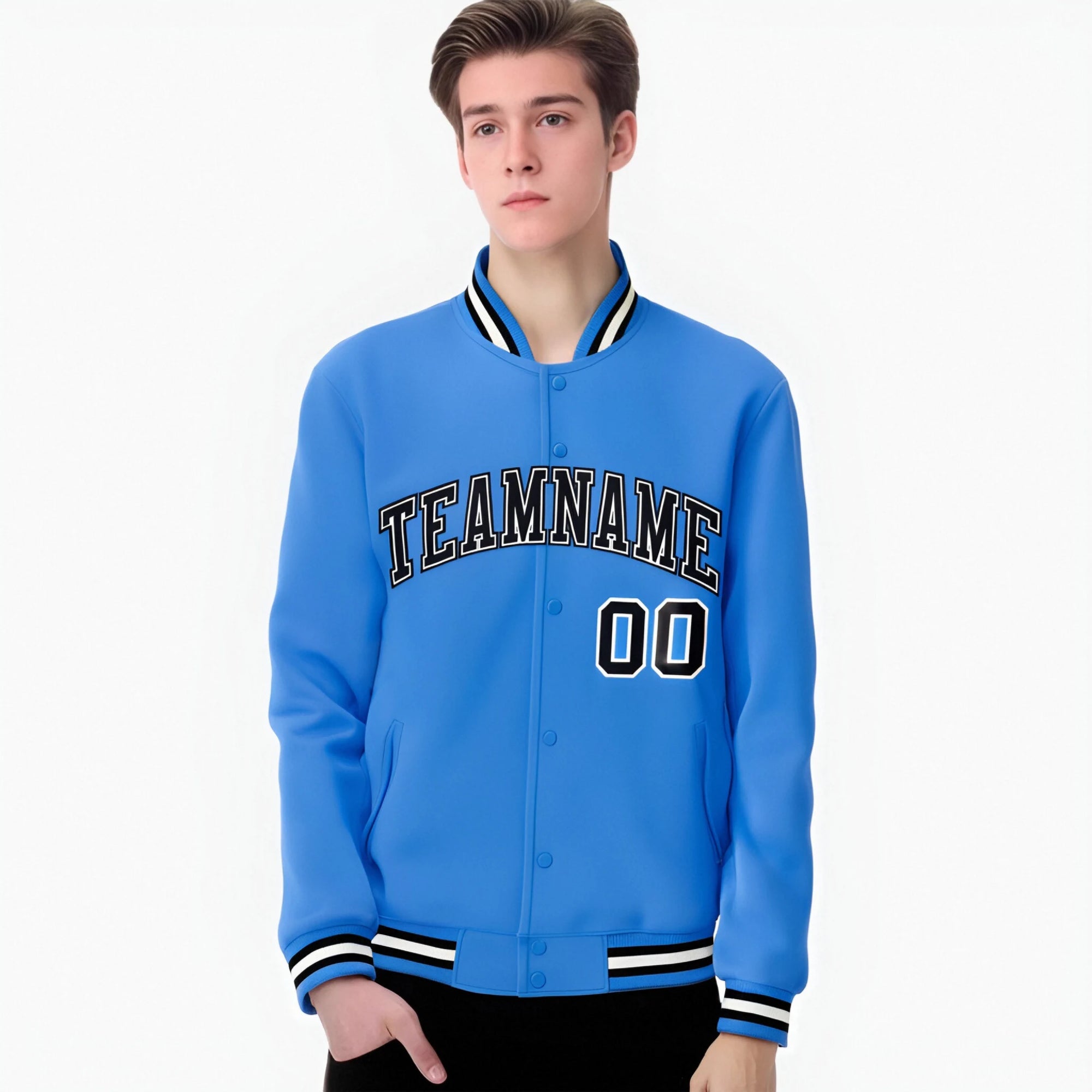 Custom Electric Blue Black White Bomber Full-Snap Varsity Letterman Jacket