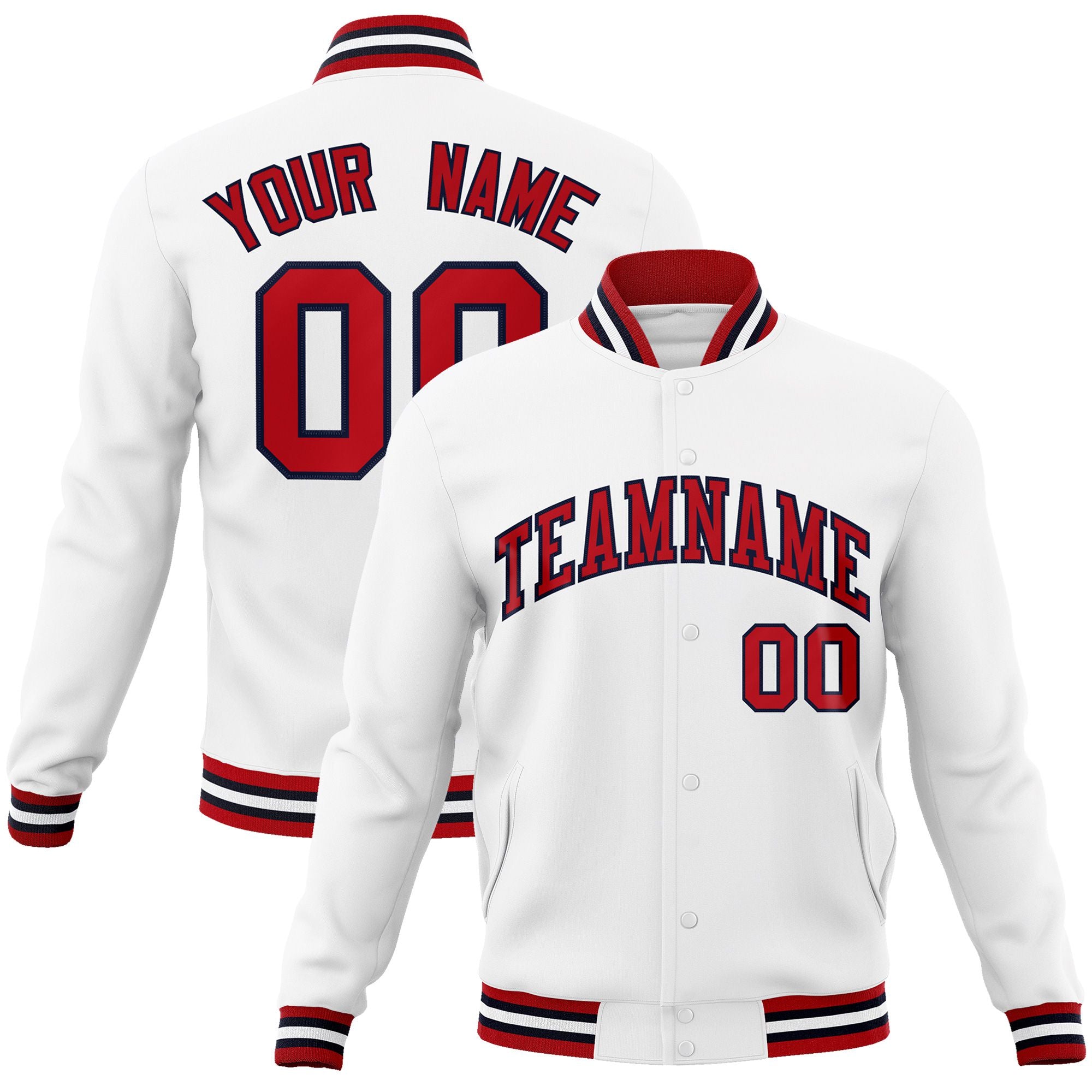 Custom White Red Black Bomber Full-Snap Varsity Letterman Jacket