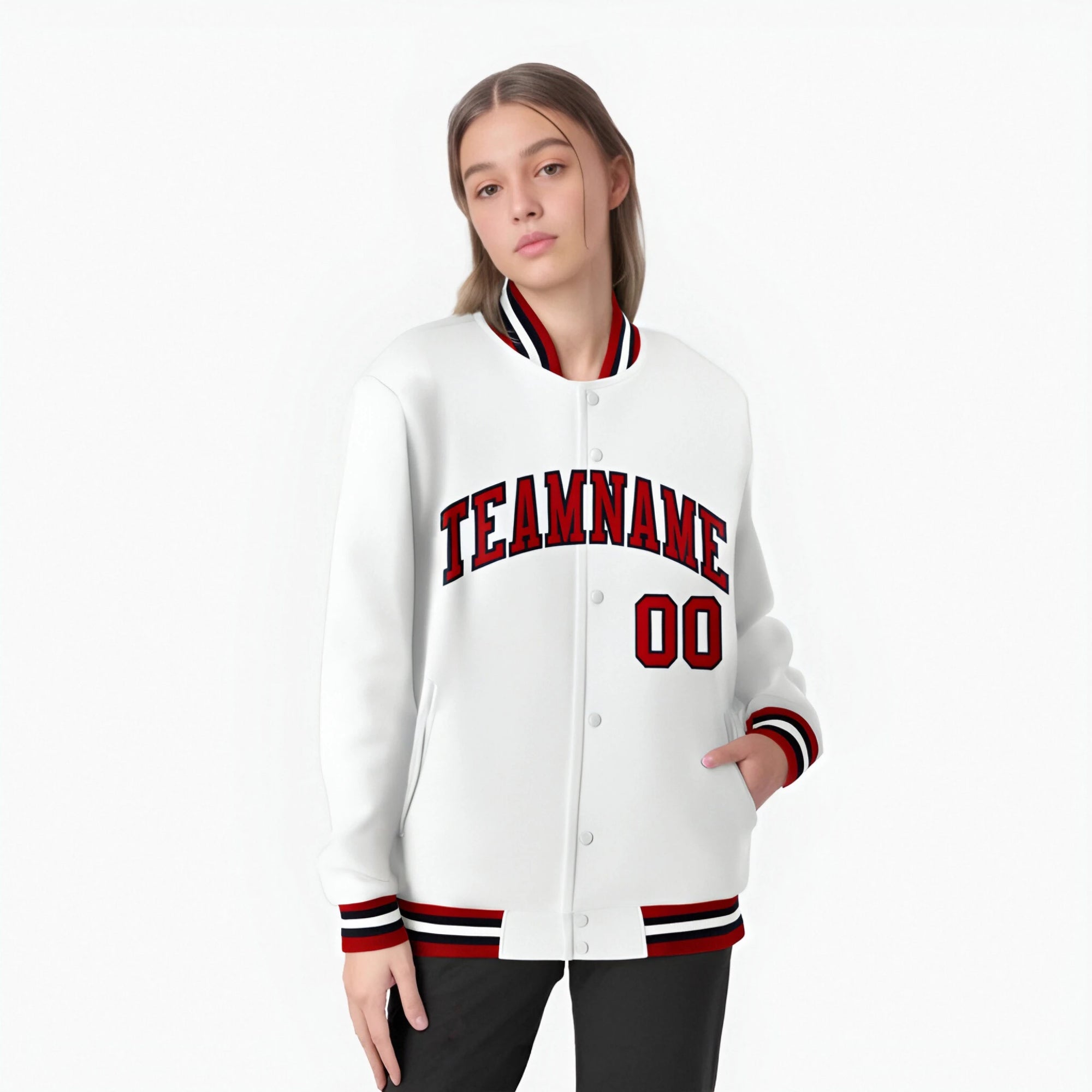 Custom White Red Black Bomber Full-Snap Varsity Letterman Jacket