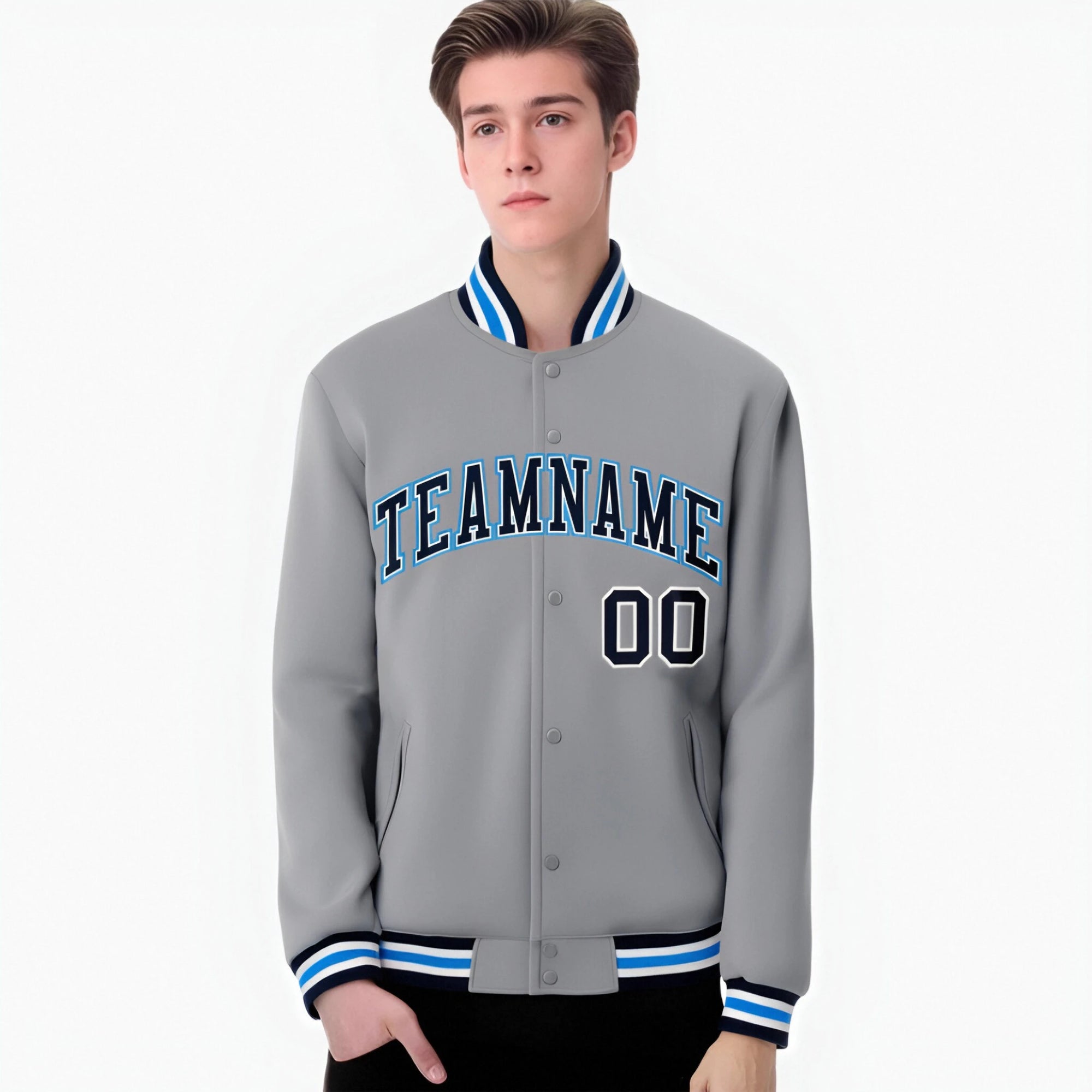 Custom Gray Black Light Blue Bomber Full-Snap Varsity Letterman Jacket