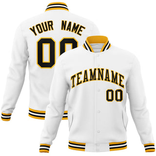 Custom White Gold-1 Black Bomber Full-Snap Varsity Letterman Jacket - Style 1