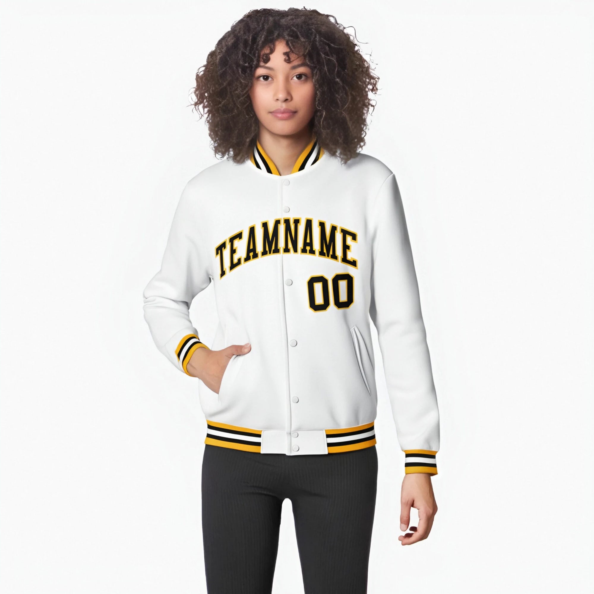 Custom White Black Gold Bomber Full-Snap Varsity Letterman Jacket