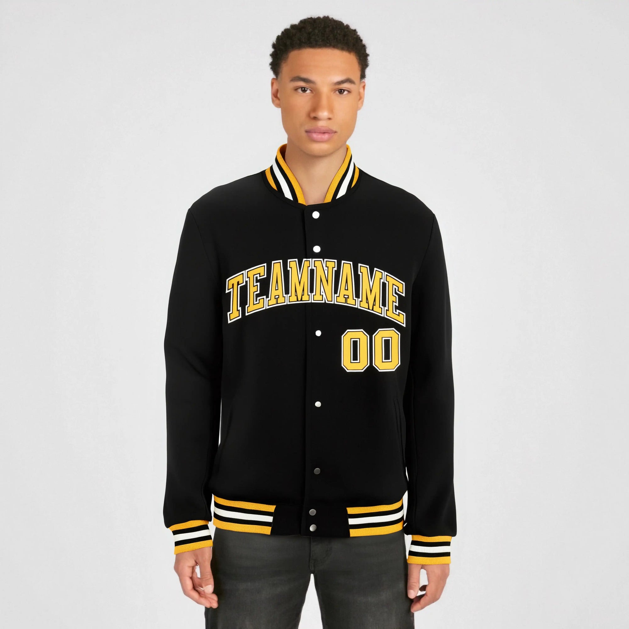 Custom Black Yellow White Bomber Full-Snap Varsity Letterman Jacket