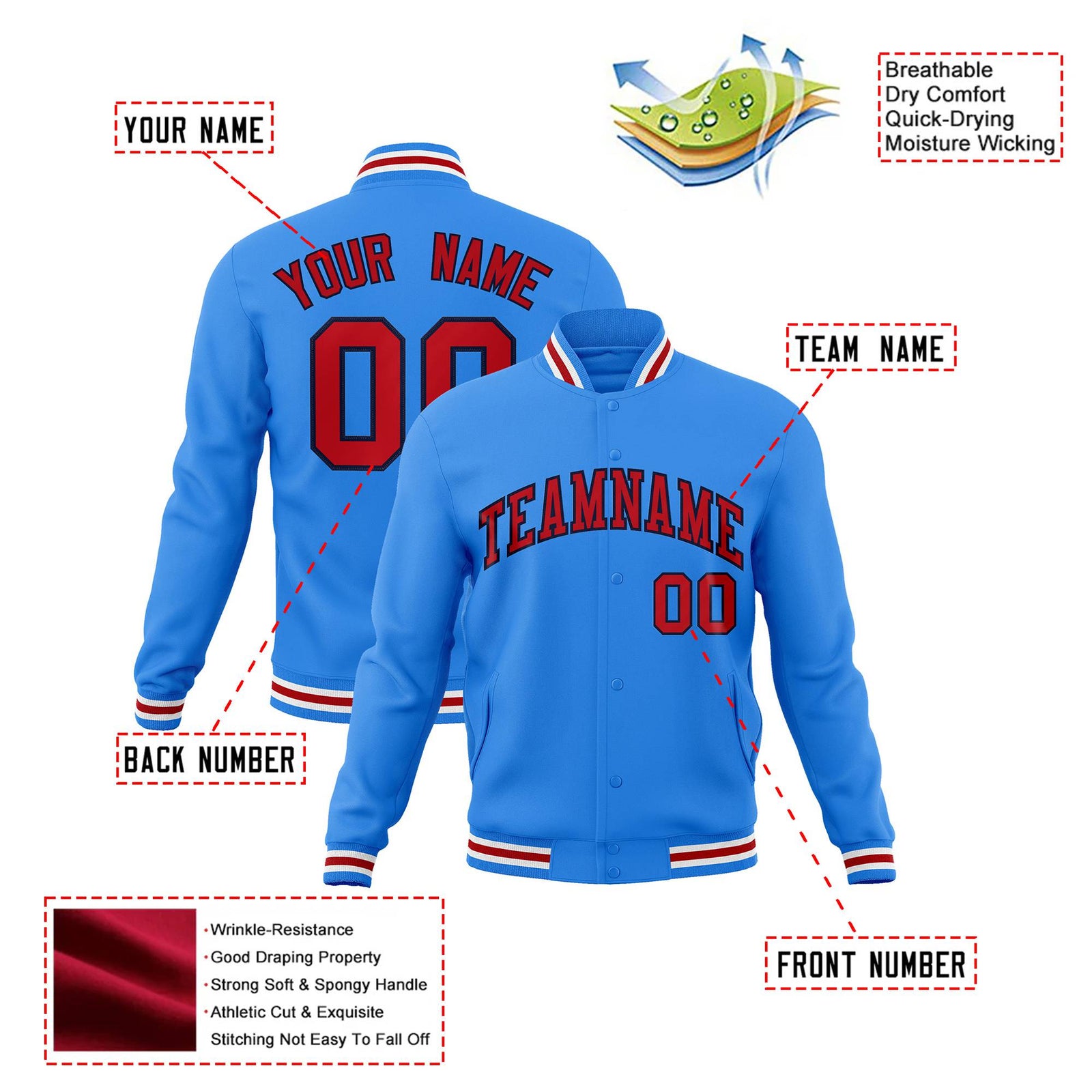 Custom Electric Blue Red White Bomber Full-Snap Varsity Letterman Jacket