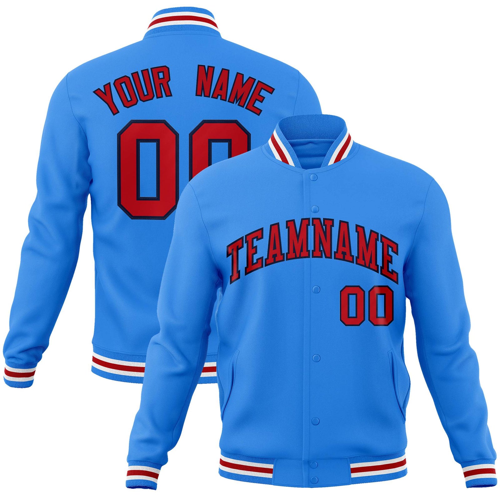 Custom Electric Blue Red White Bomber Full-Snap Varsity Letterman Jacket