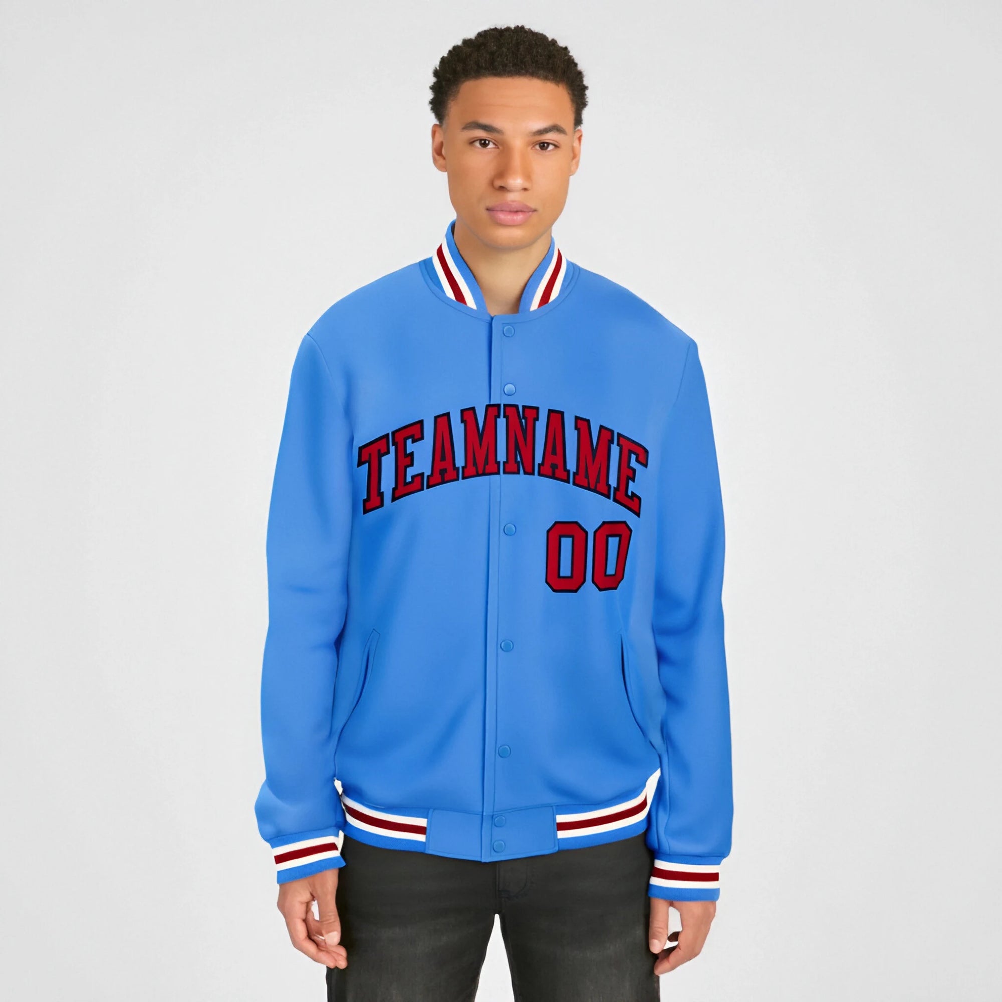 Custom Electric Blue Red White Bomber Full-Snap Varsity Letterman Jacket