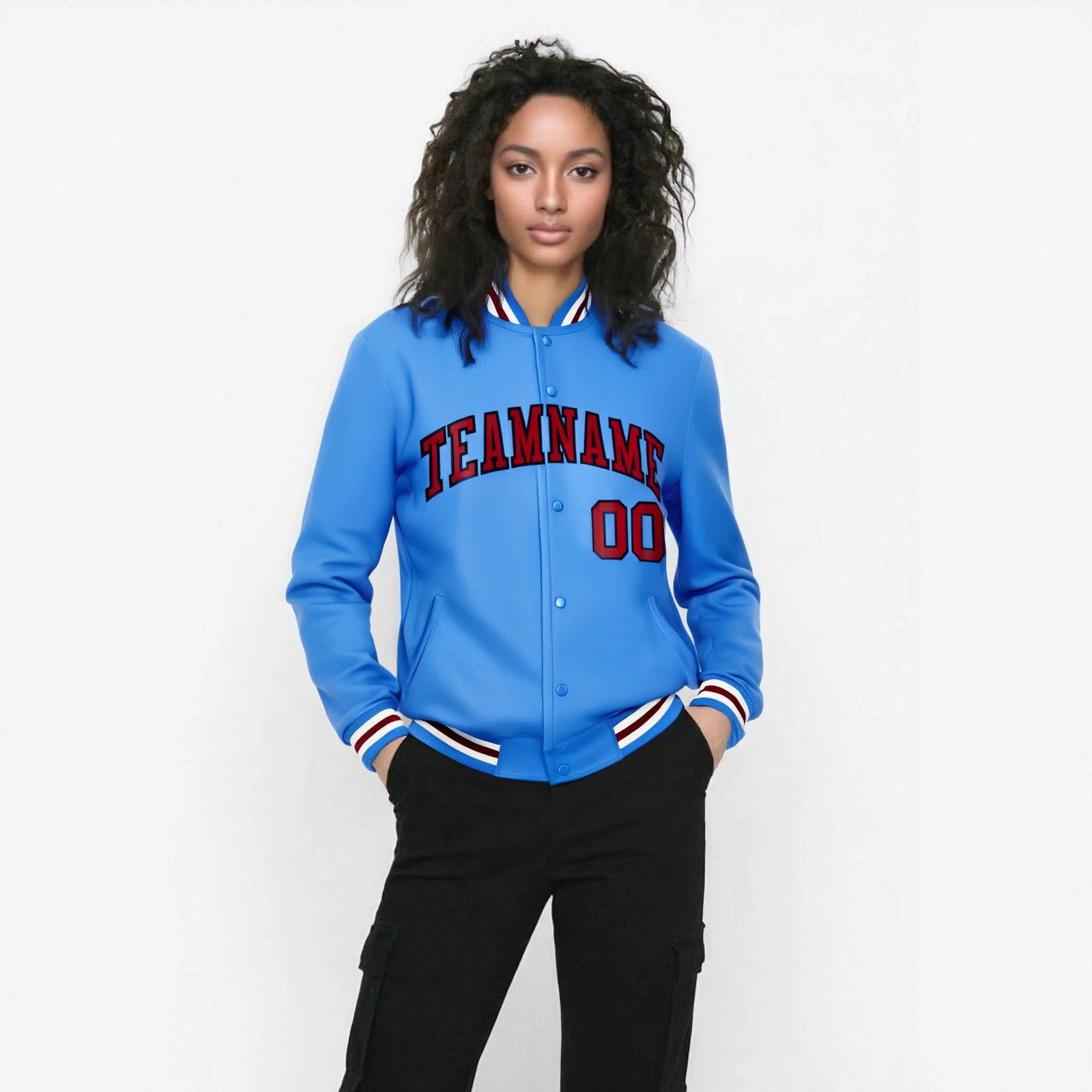 Custom Electric Blue Red White Bomber Full-Snap Varsity Letterman Jacket