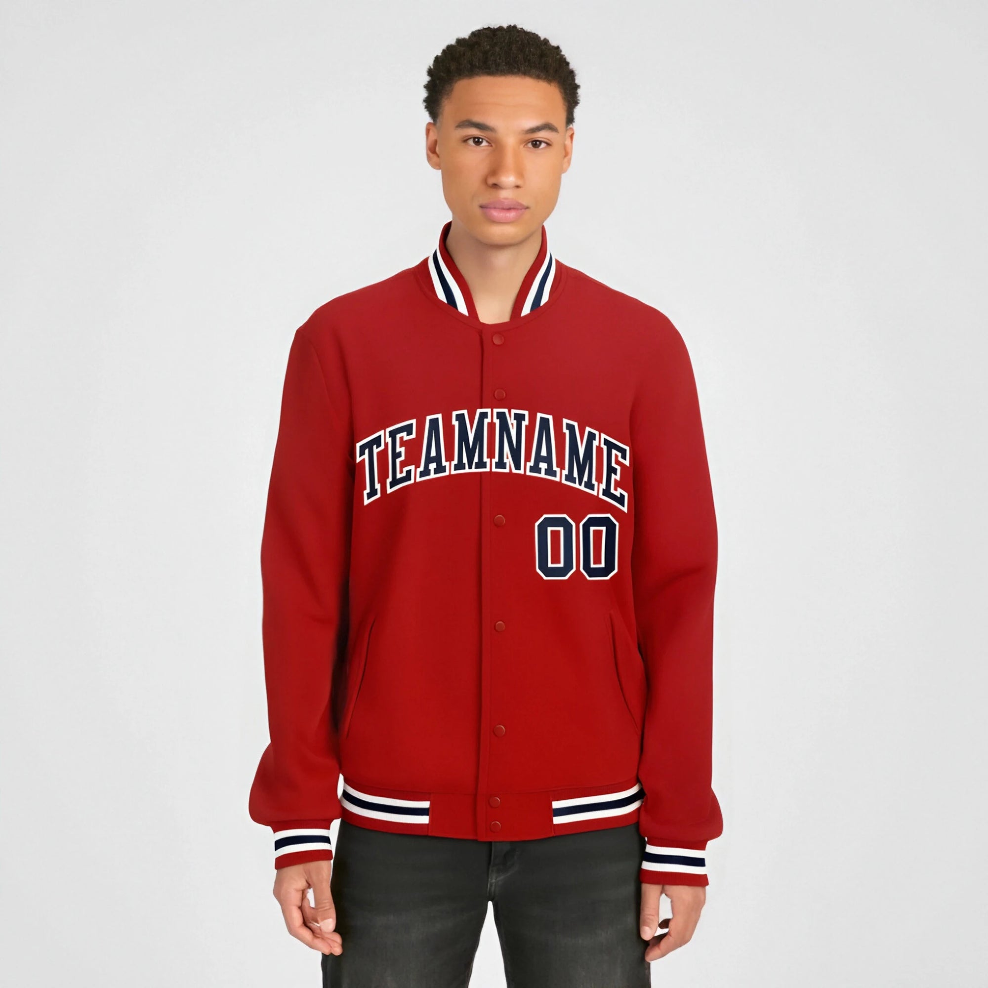 Custom Royal Red Navy White Bomber Full-Snap Varsity Letterman Jacket