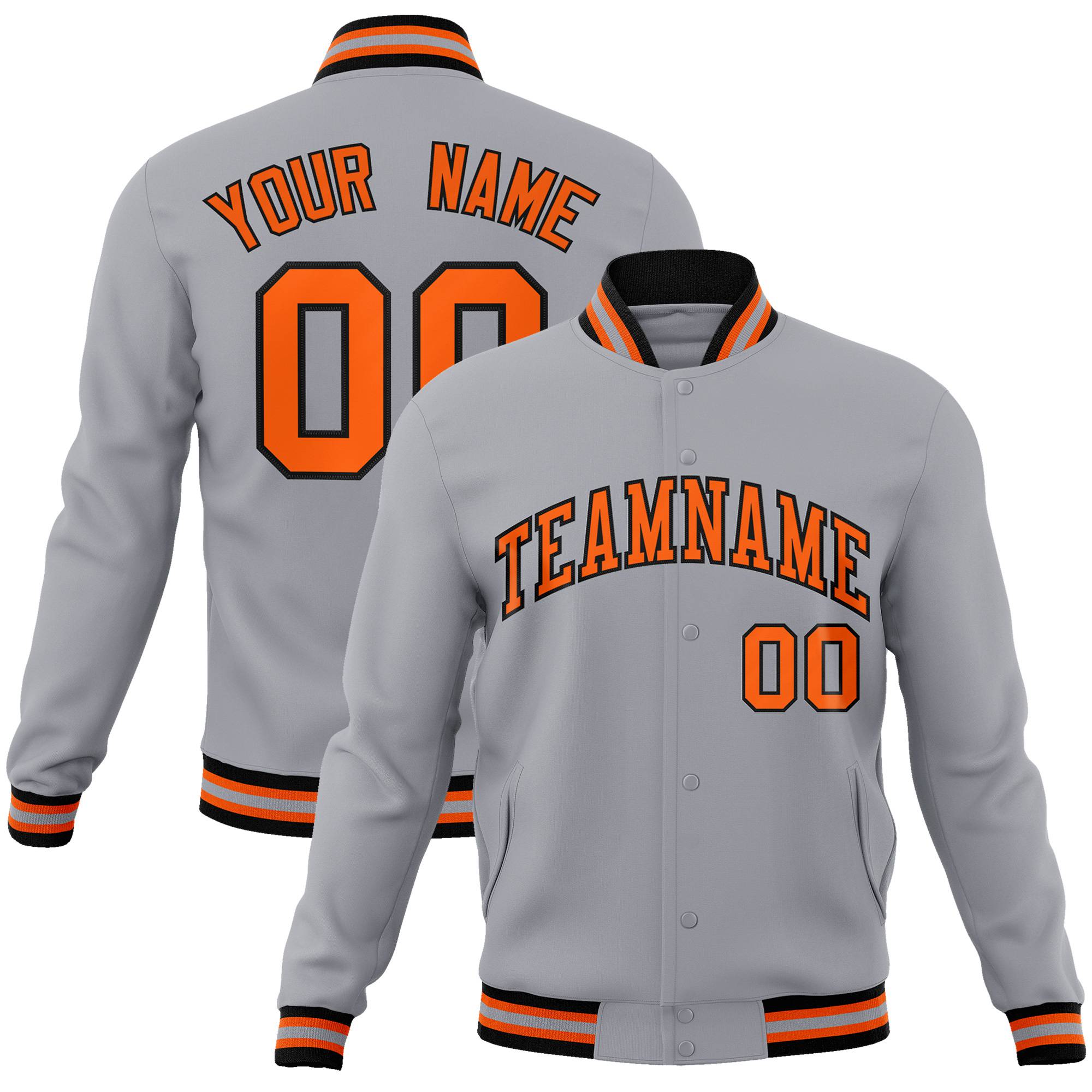 Custom Gray Orange Black Bomber Full-Snap Varsity Letterman Jacket