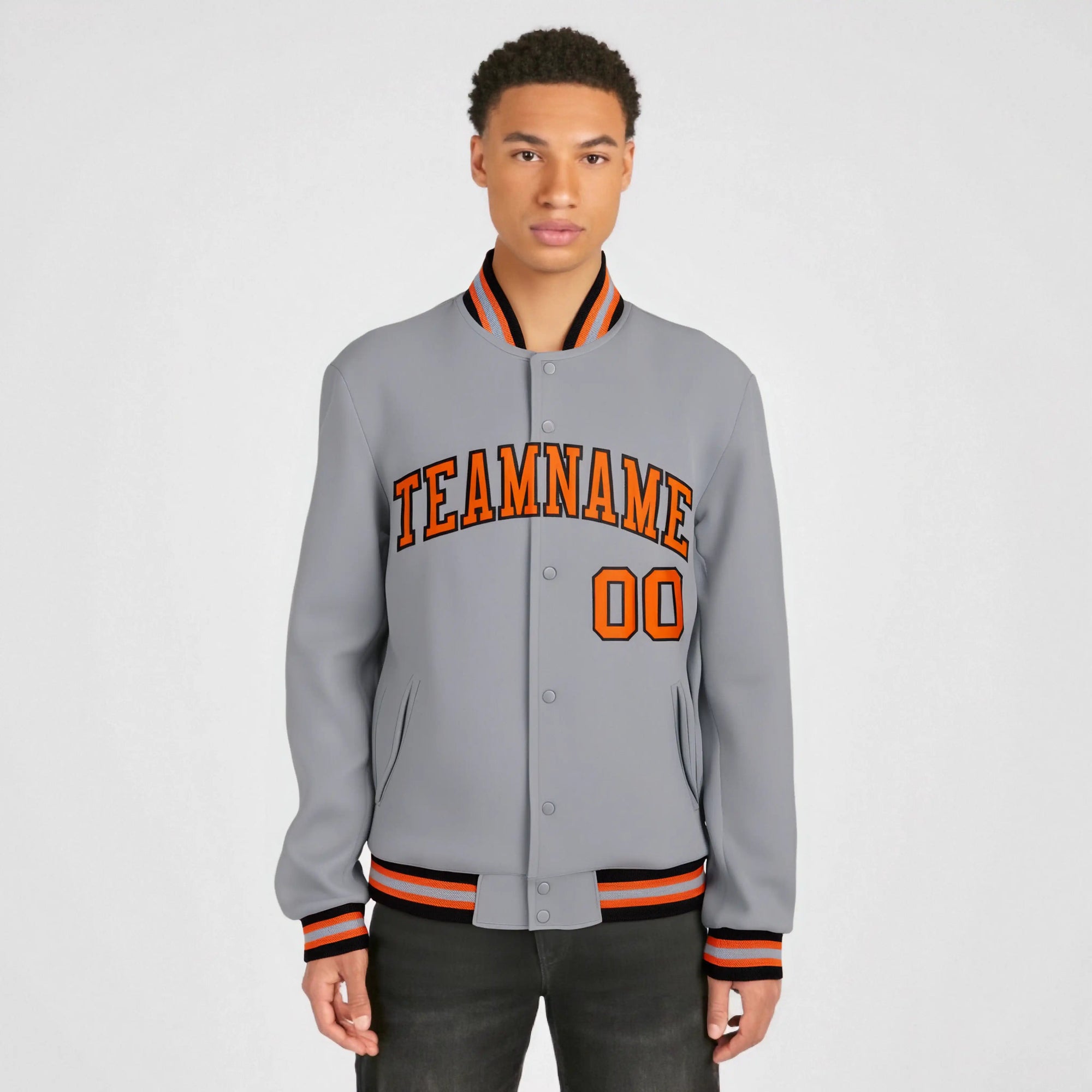 Custom Gray Orange Black Bomber Full-Snap Varsity Letterman Jacket