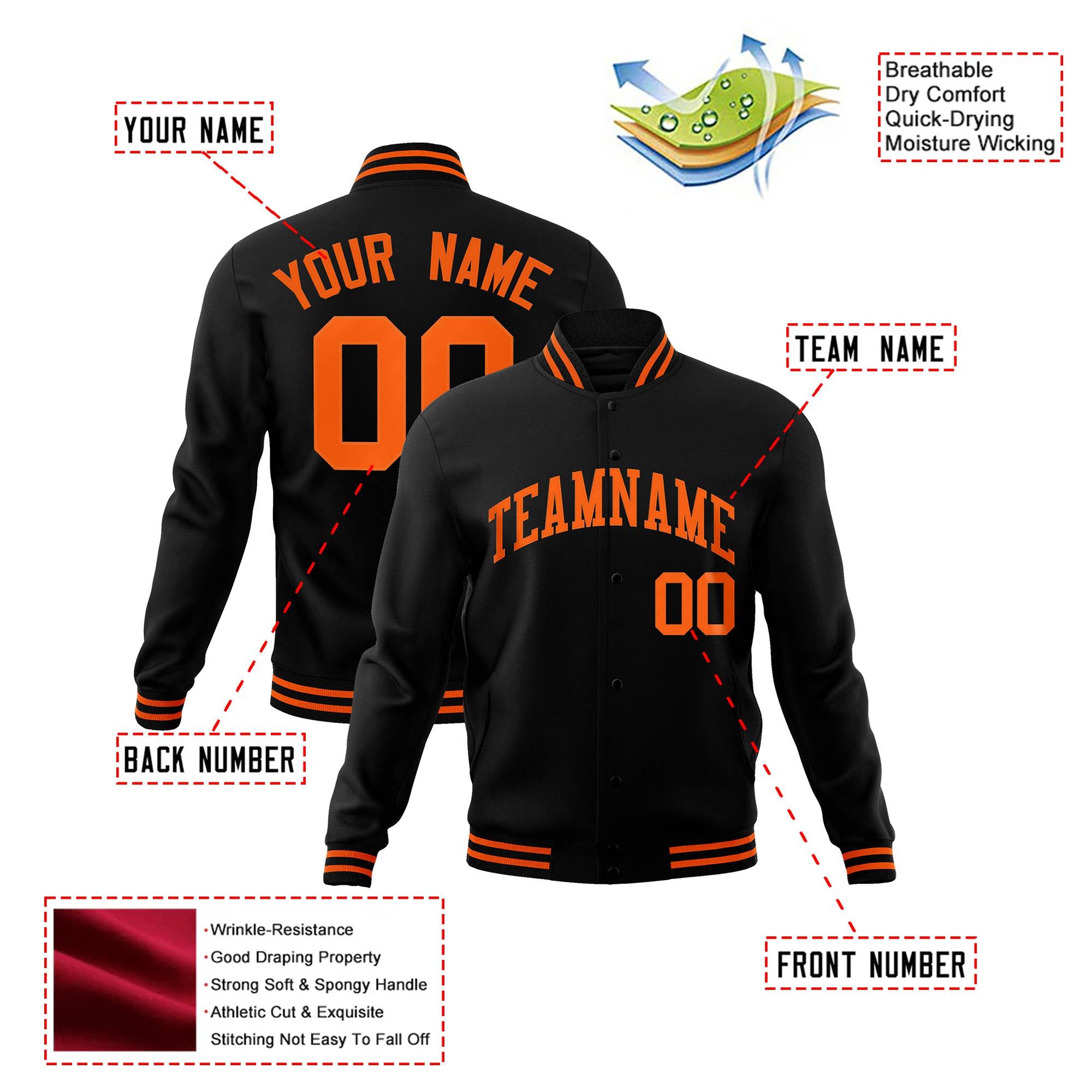 Custom Black Orange Bomber Full-Snap Varsity Letterman Jacket