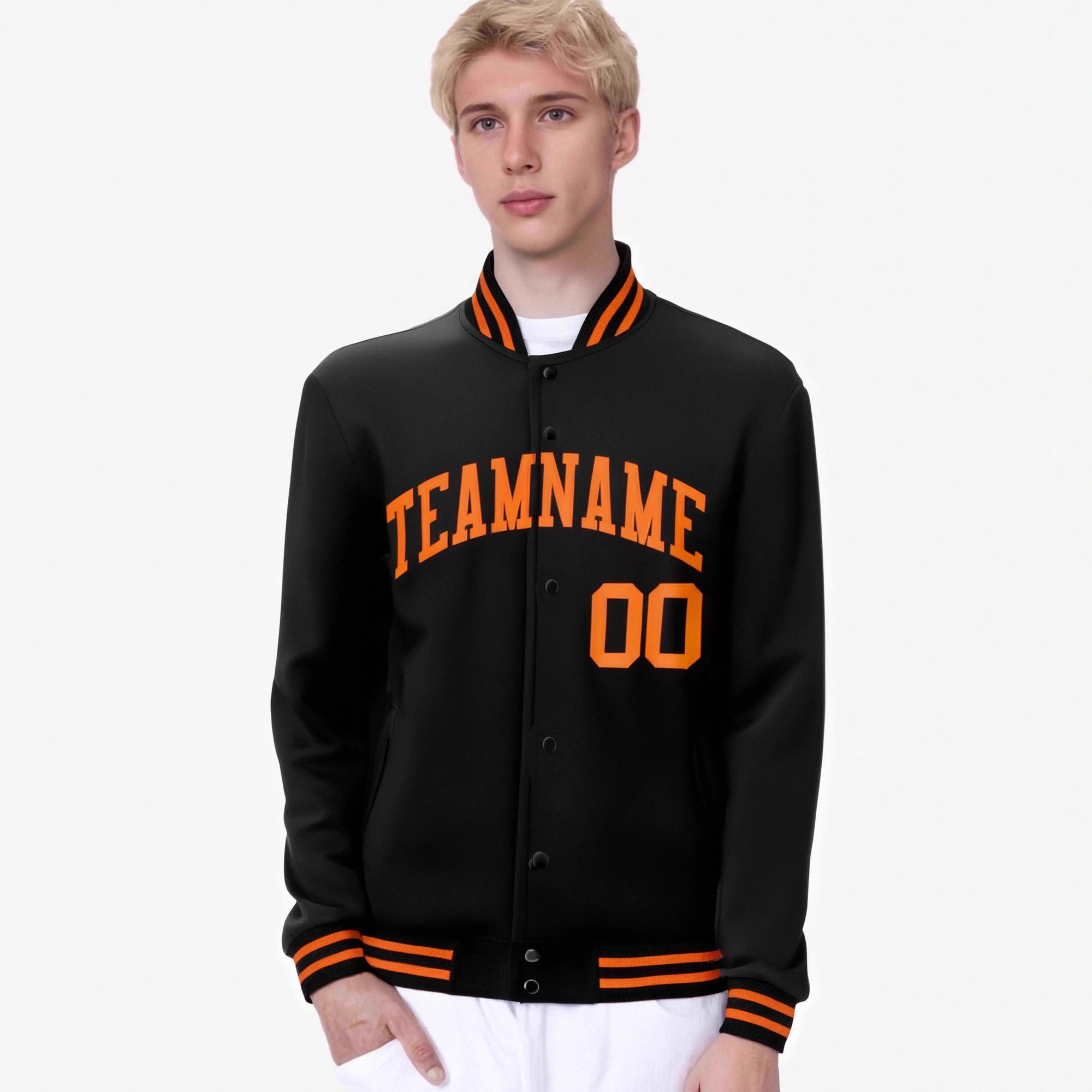 Custom Black Orange Bomber Full-Snap Varsity Letterman Jacket