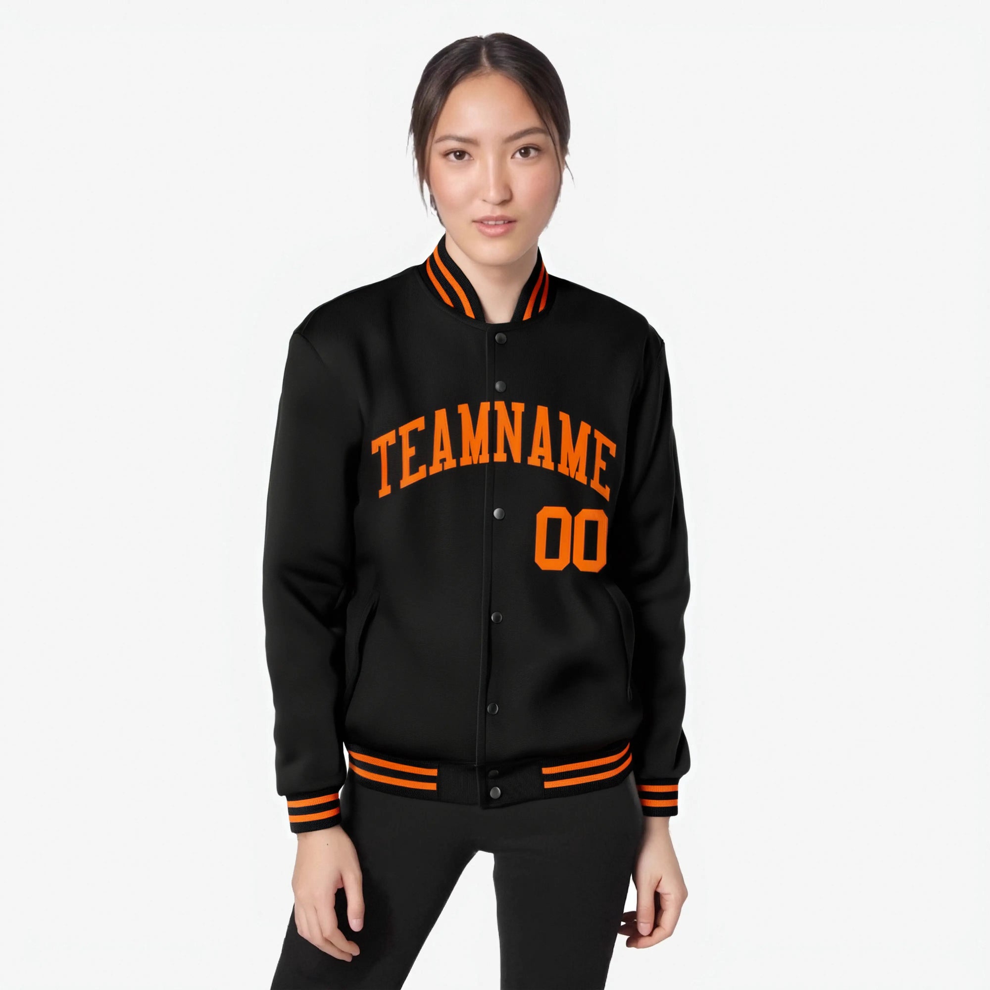 Custom Black Orange Bomber Full-Snap Varsity Letterman Jacket