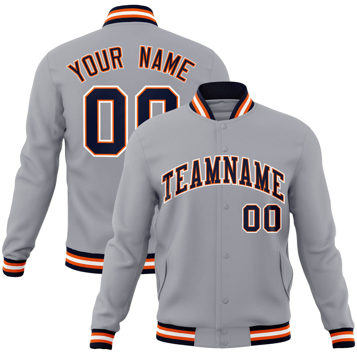 Custom Gray Navy Orange Bomber Full-Snap Varsity Letterman Jacket