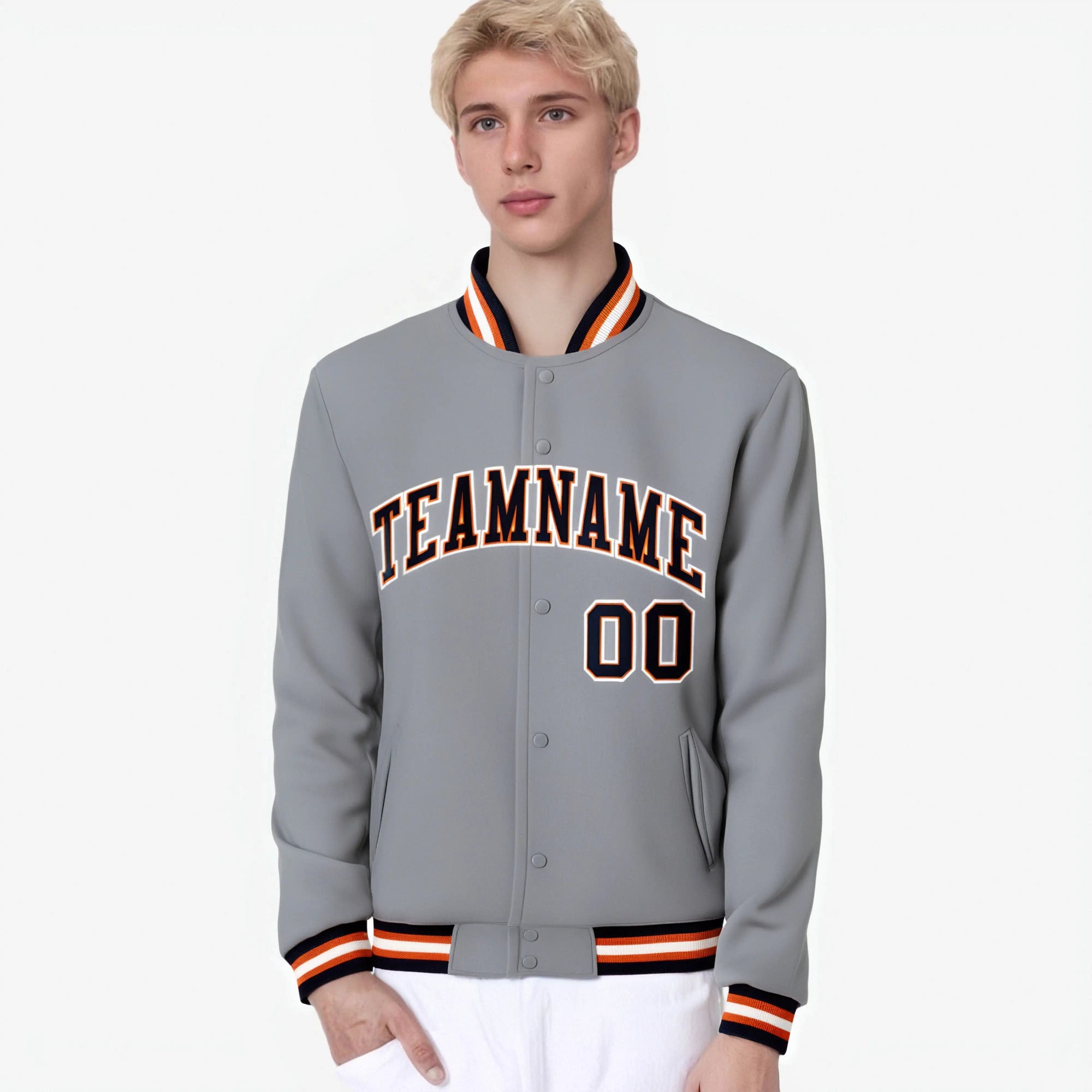 Custom Gray Navy Orange Bomber Full-Snap Varsity Letterman Jacket