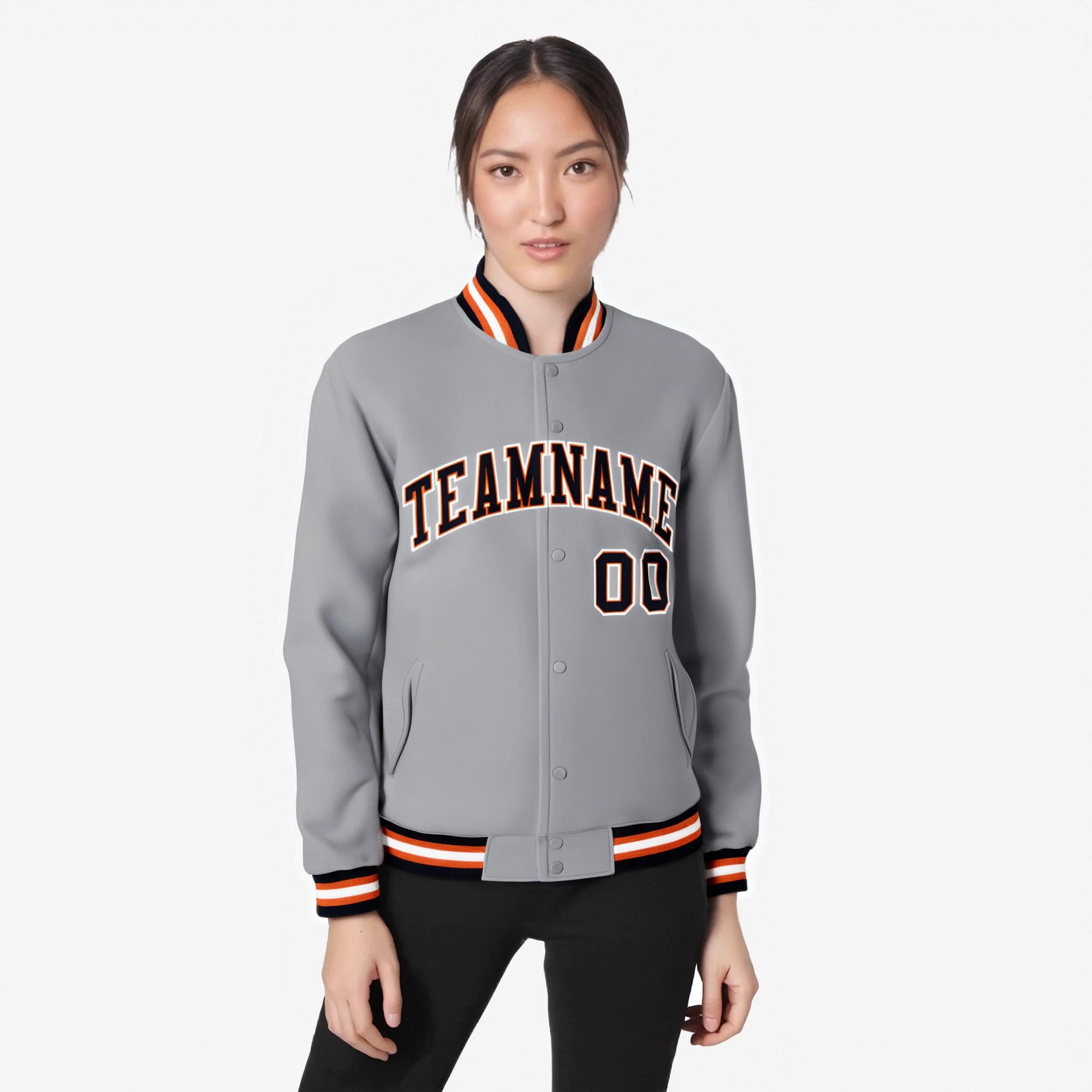 Custom Gray Navy Orange Bomber Full-Snap Varsity Letterman Jacket