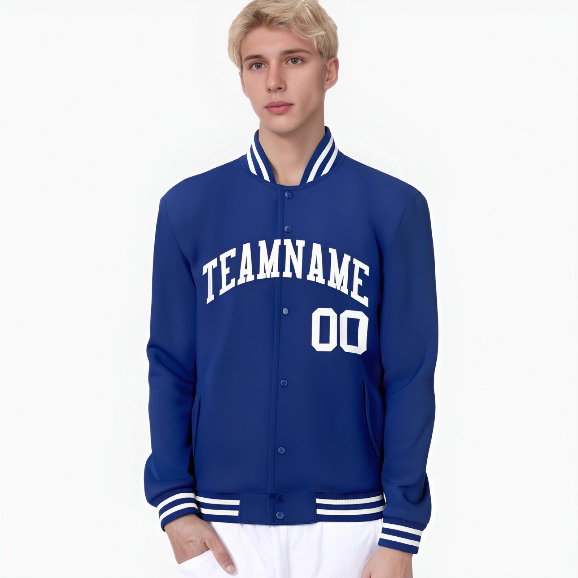 Custom Navy Blue-White Bomber Full-Snap Varsity Letterman Jacket