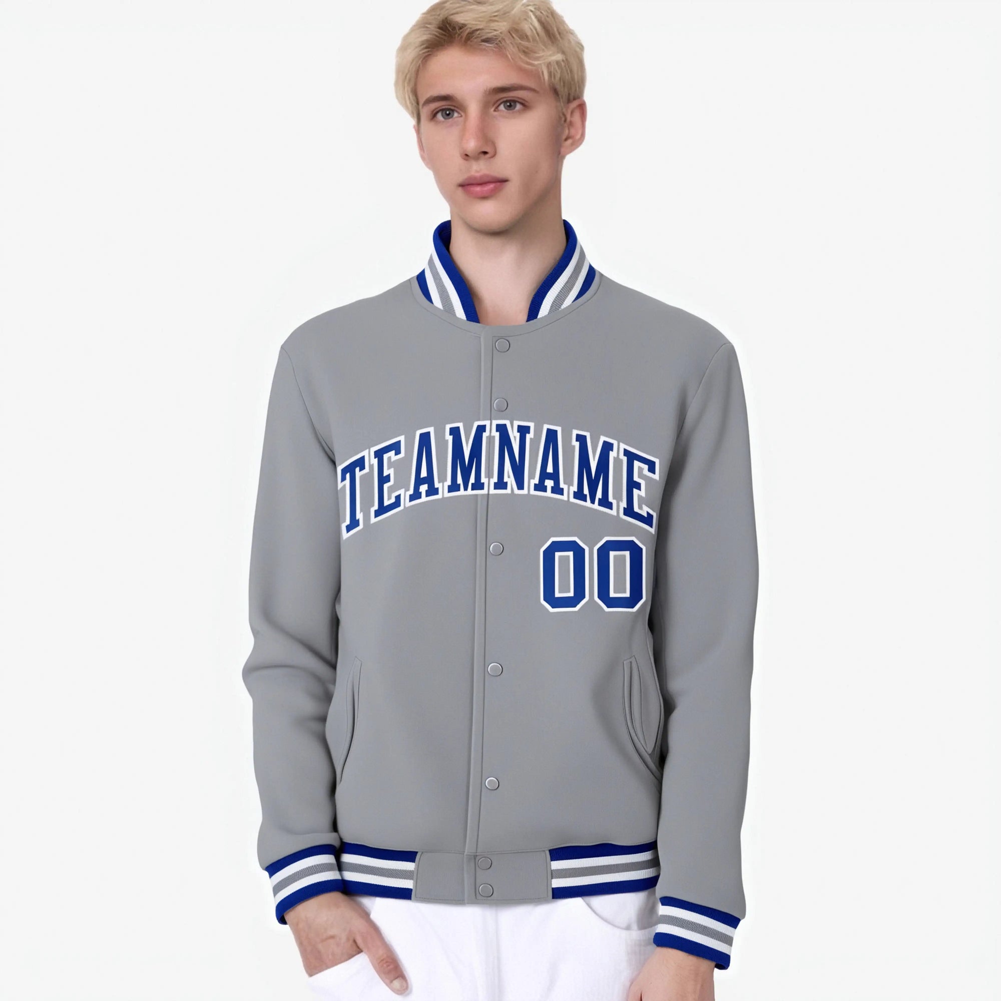 Custom Gray Blue-White Bomber Full-Snap Varsity Letterman Jacket