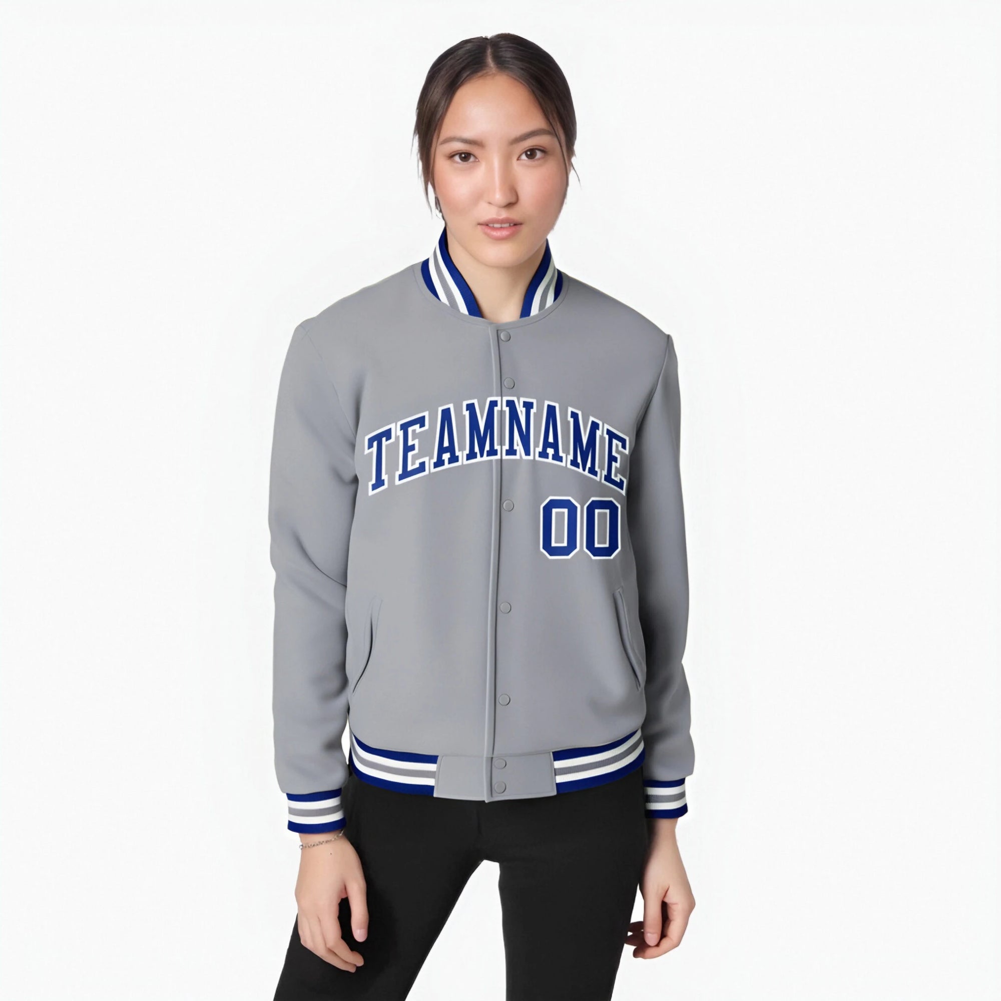 Custom Gray Blue-White Bomber Full-Snap Varsity Letterman Jacket