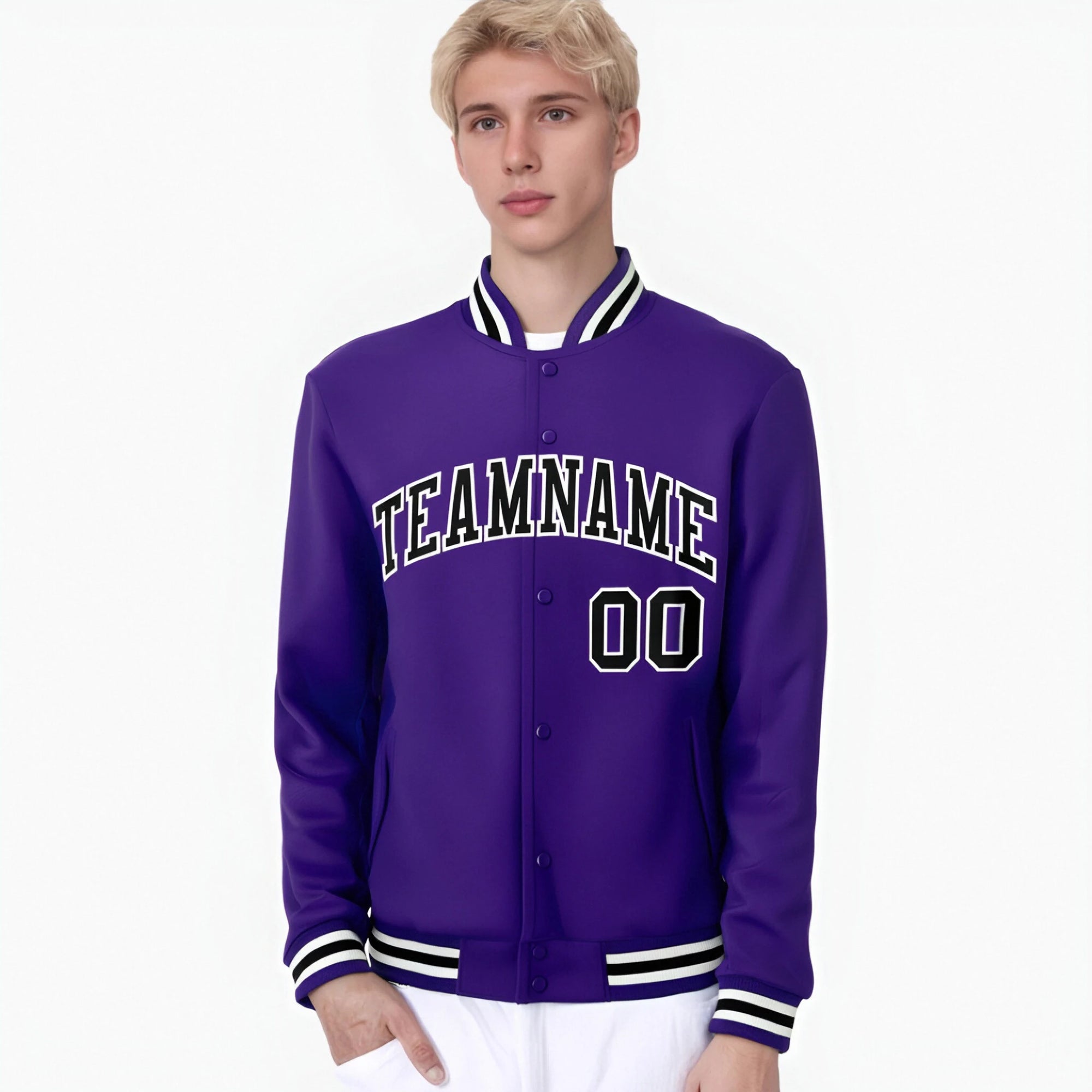 Custom Purple Black-White Bomber Full-Snap Varsity Letterman Jacket