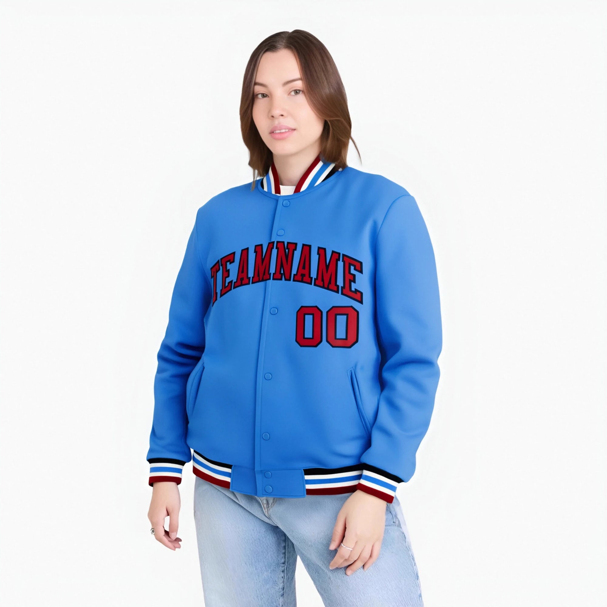 Custom Electric Blue Red-Black Bomber Full-Snap Varsity Letterman Jacket