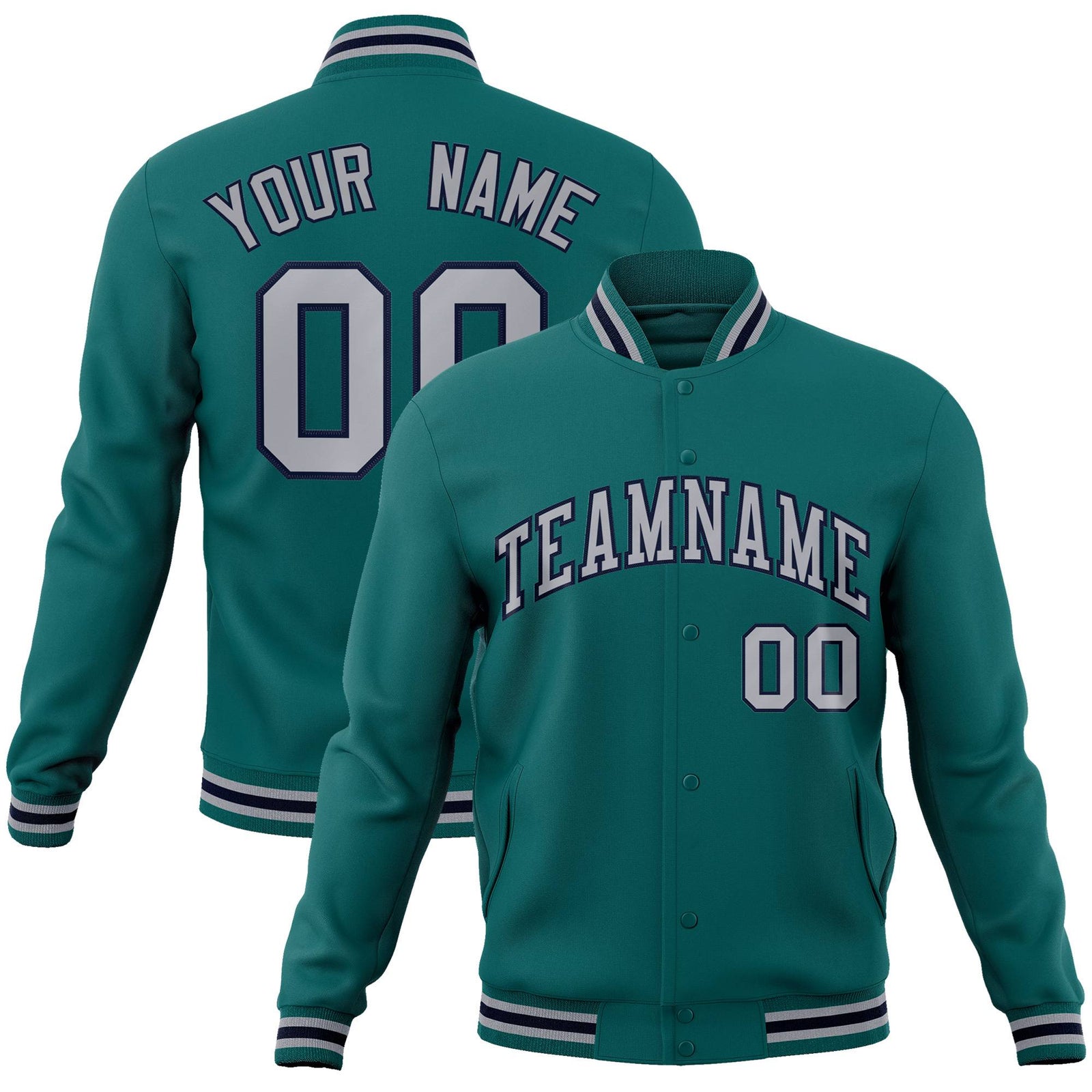 Custom Aqua Gray-Navy Bomber Full-Snap Varsity Letterman Jacket